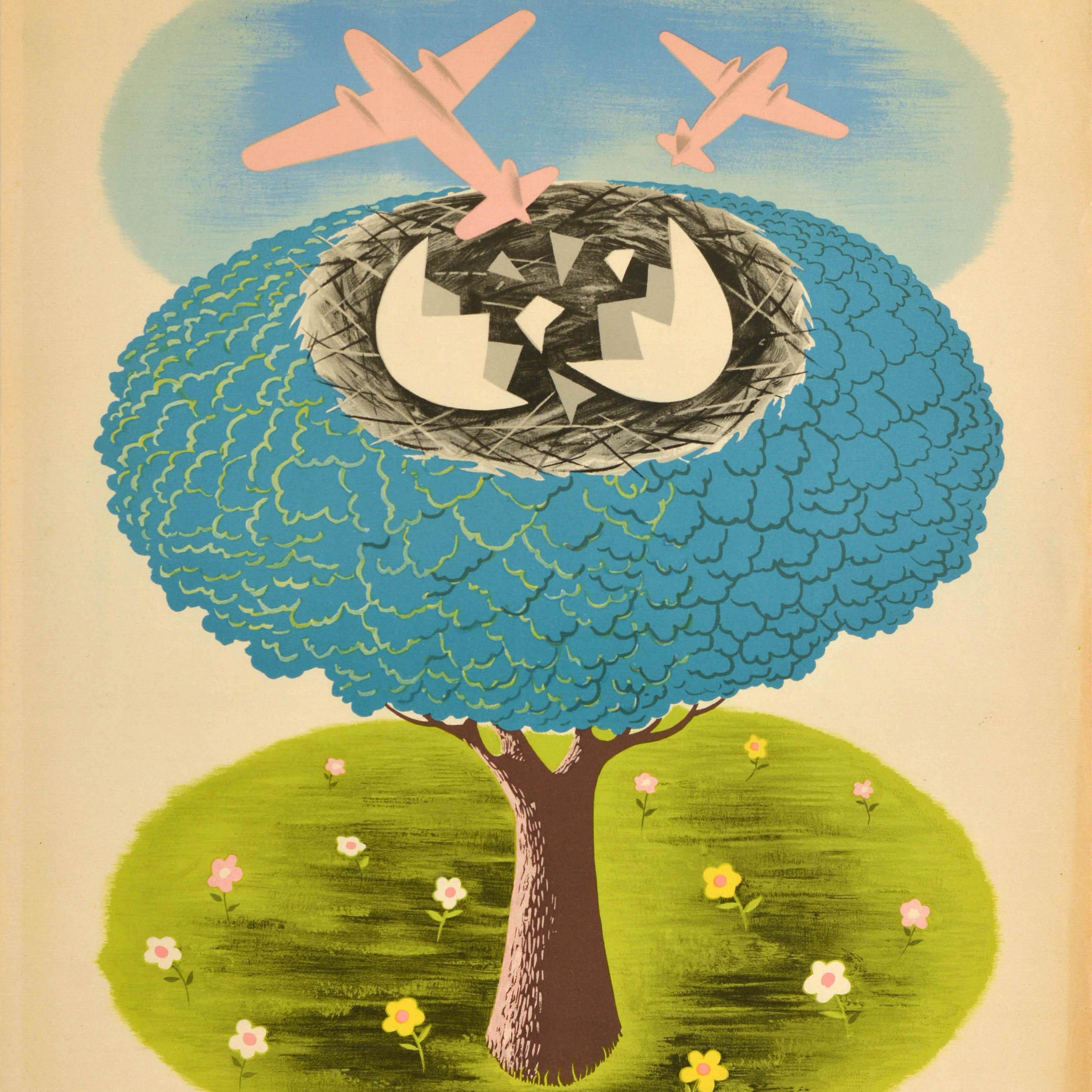 Original vintage travel poster - BEA Holiday Services take you there and bring you back British European Airways - featuring a great illustration depicting two planes flying up into the blue sky from a tree as if hatching from eggs in a nest with