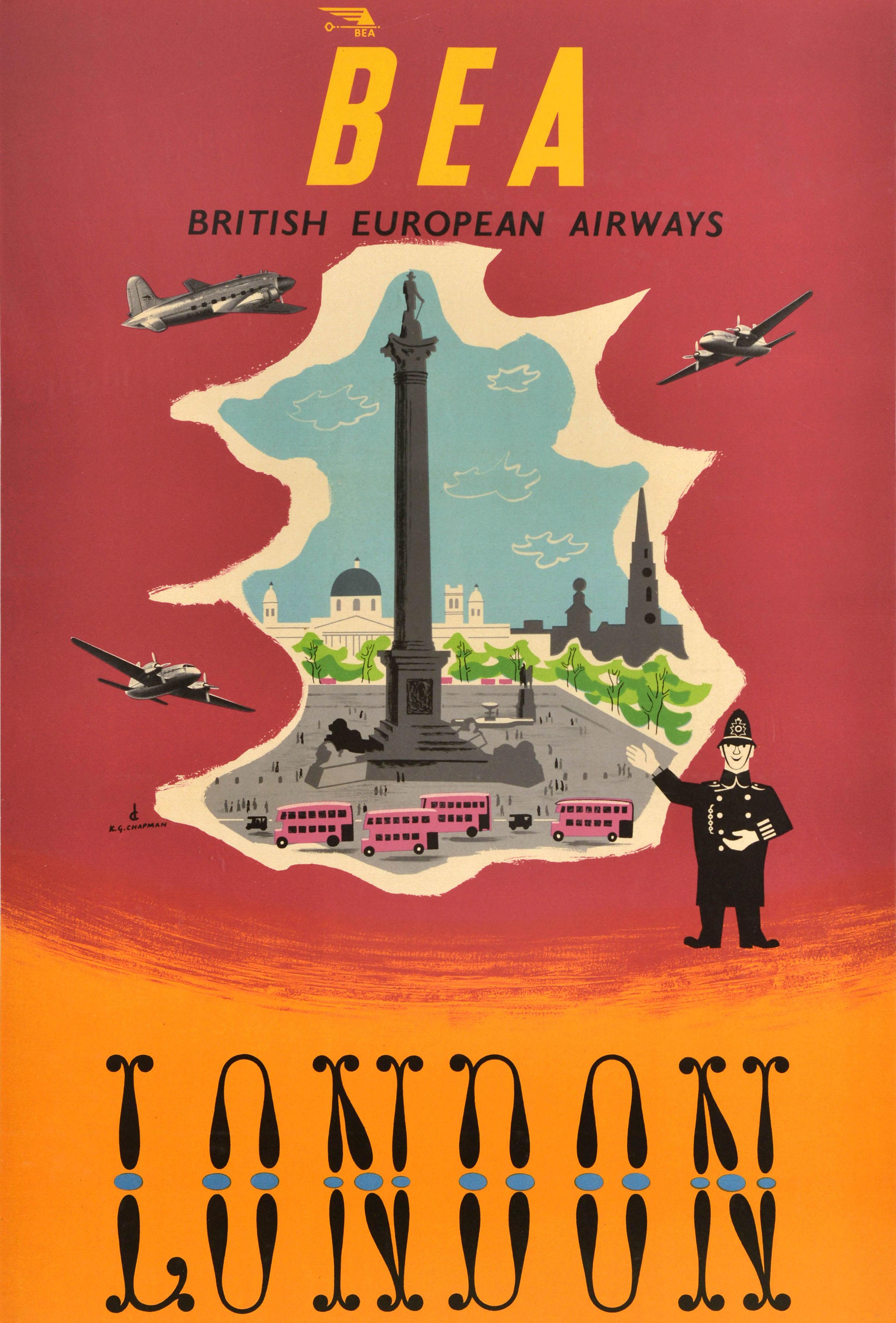 Original Vintage-Reiseplakat BEA London Trafalgar Square Westminster Chapman, Vintage (Mitte des 20. Jahrhunderts) im Angebot