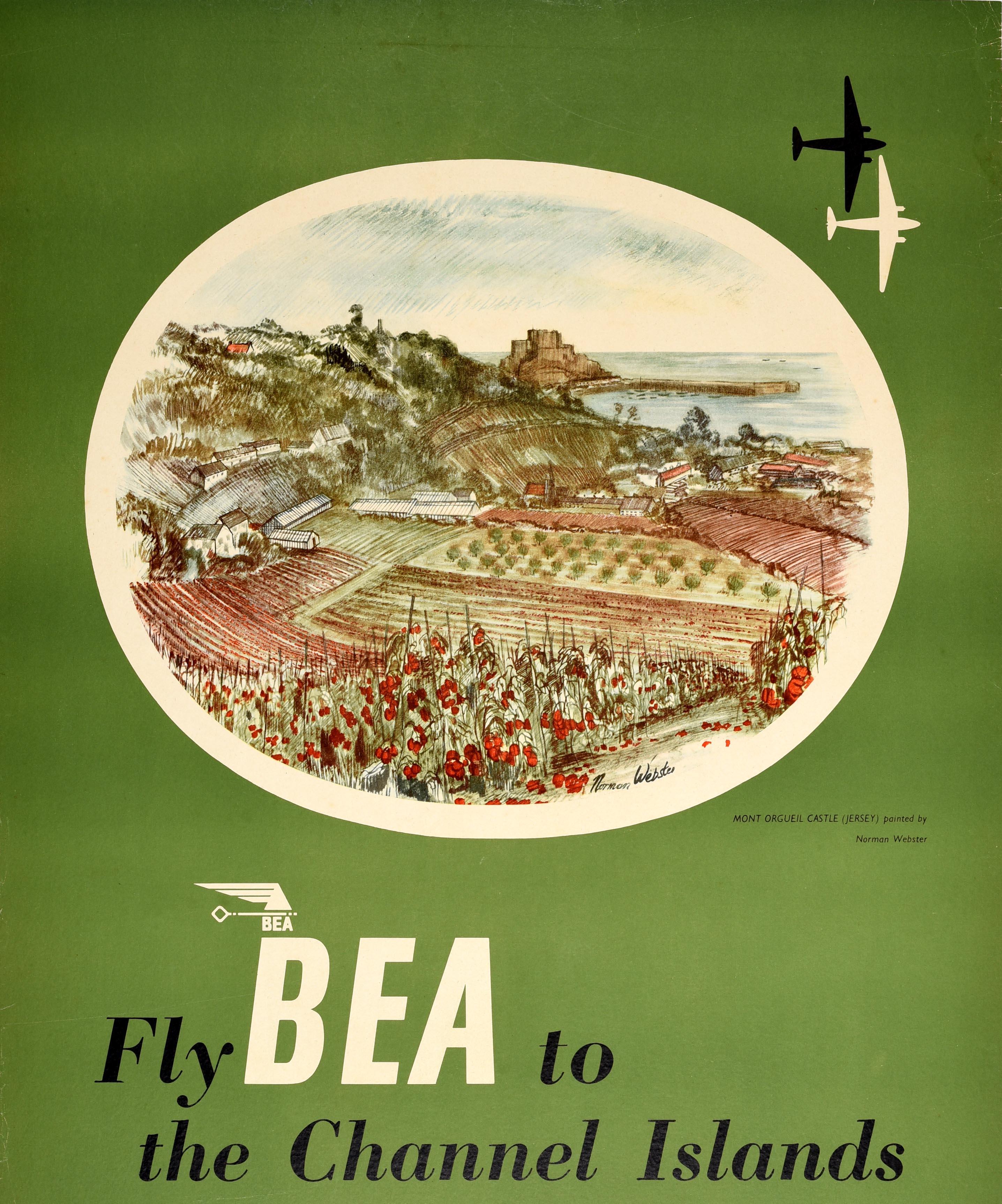Affiche de voyage vintage originale - Fly BEA to the Channel Islands - représentant une peinture de l'artiste et graveur Norman Webster (1924-2017) du château historique de Mont Orgueil à Jersey avec des fleurs de coquelicots rouges au premier plan