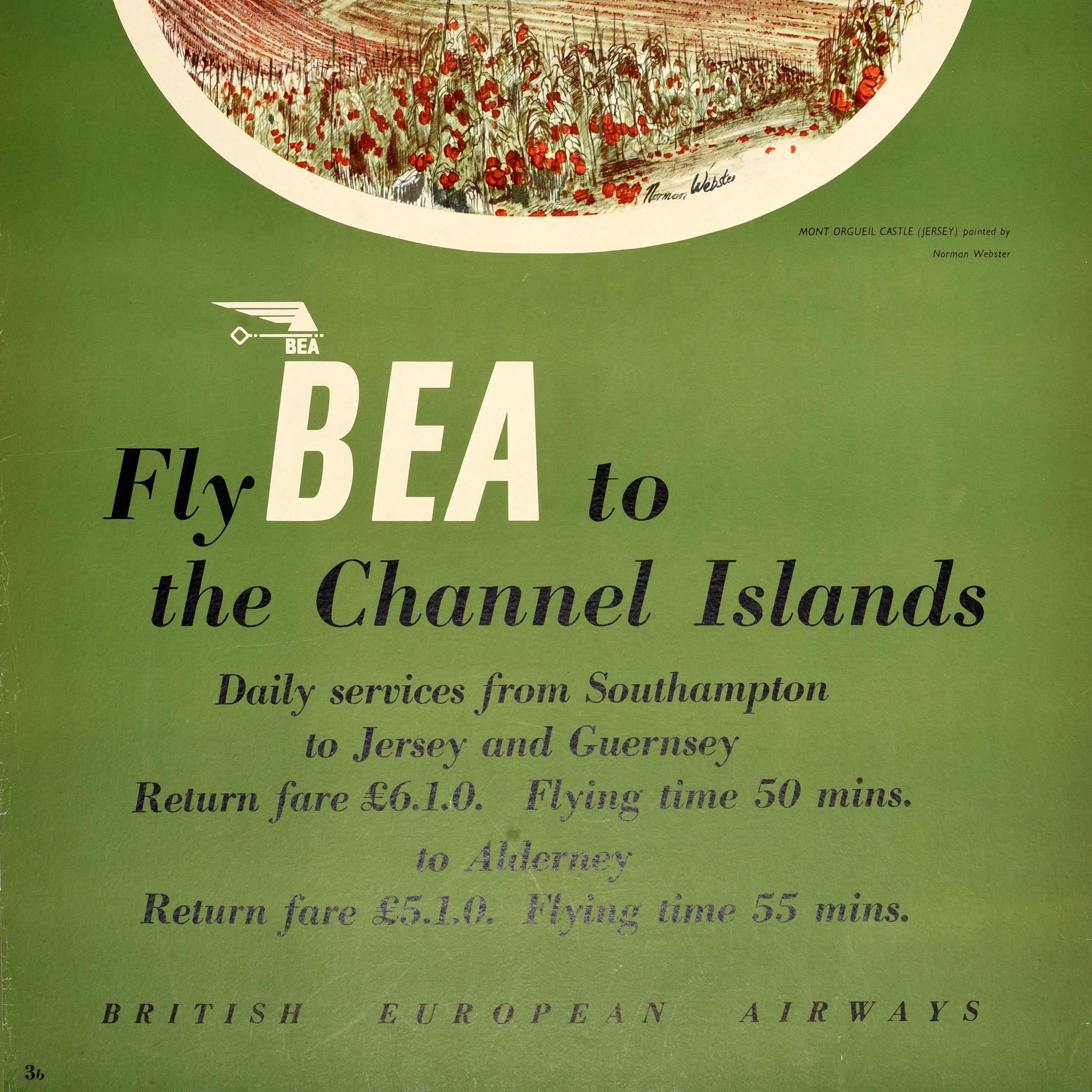 Britannique Affiche de voyage originale BEA To Channel Islands Mont Orgueil Castle Jersey en vente
