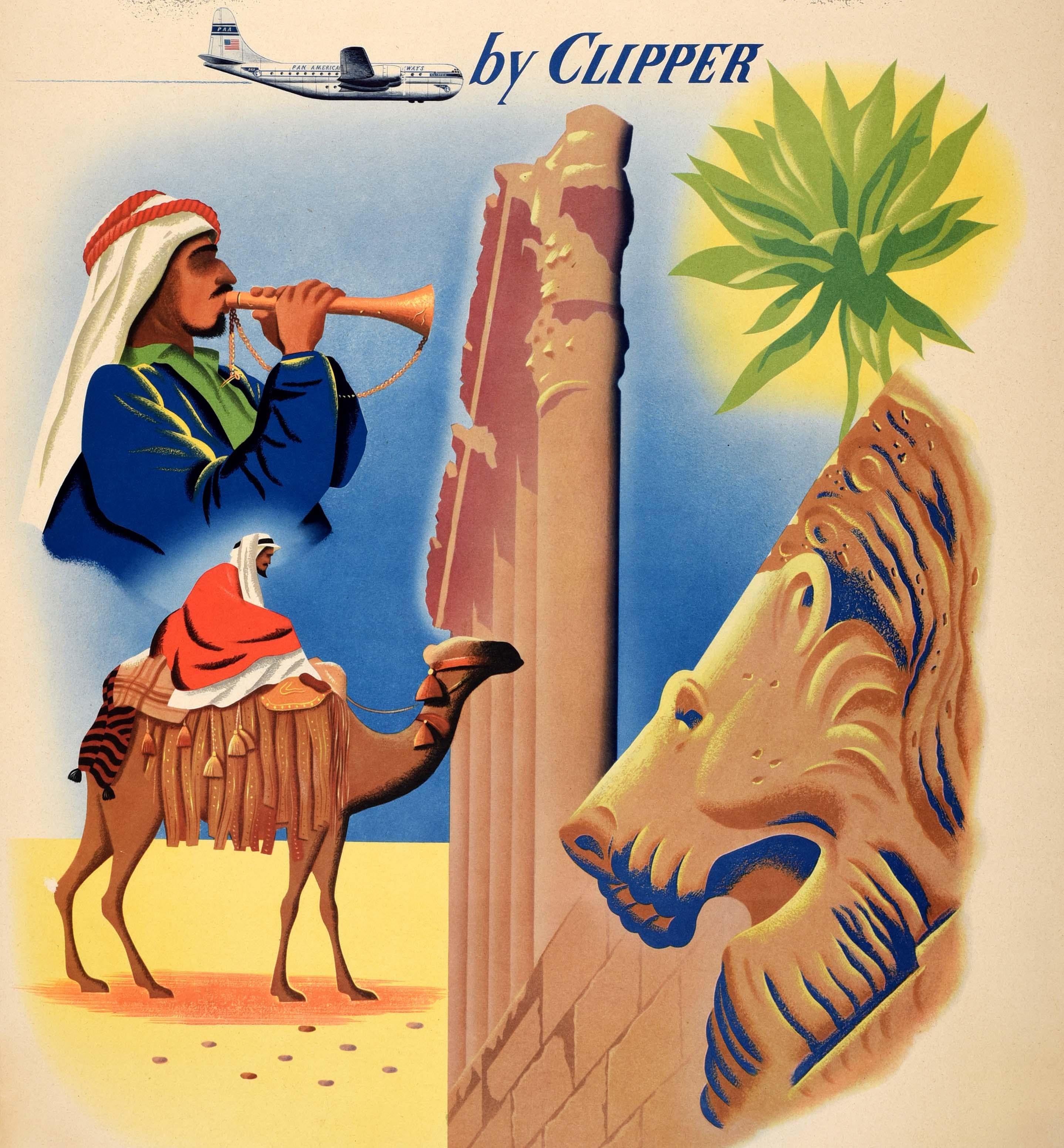 Original vintage travel poster - Gateway to the Middle East and the Holy Land Beirut Lebanon by Clipper Pan American World Airways World's Most Experienced Airline - featuring illustrations of ancient architecture pillars and wall, a stone head of a