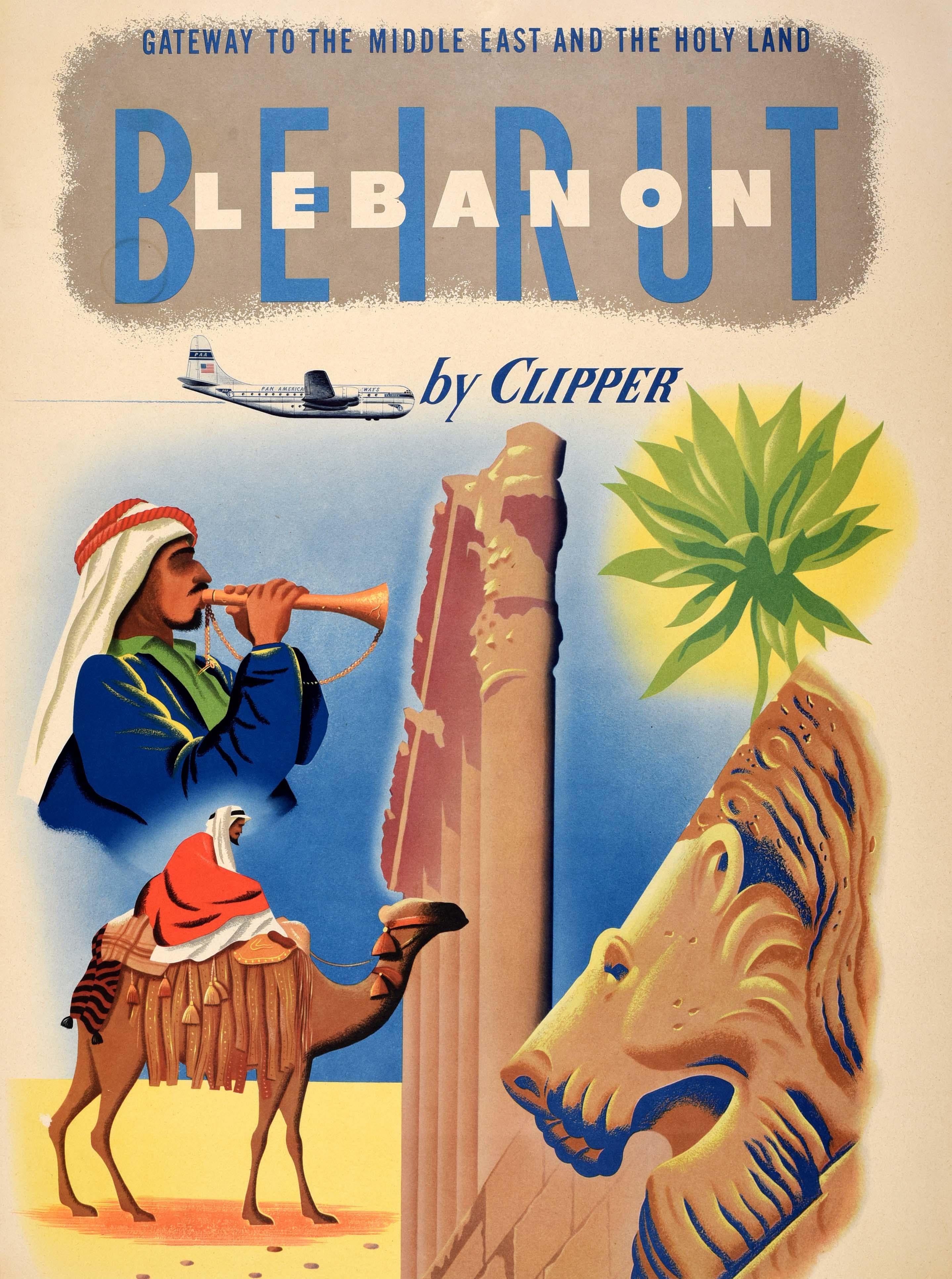 Américain Affiche rétro originale de voyage, Beyrouth, Liban, Compagnie aérienne PanAm du Moyen-Orient en vente