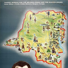 Original Vintage Travel Poster Belgian Congo Ruanda Urundi Africa Pictorial Map