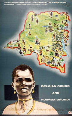Original Vintage Travel Poster Belgian Congo Ruanda Urundi Africa Pictorial Map