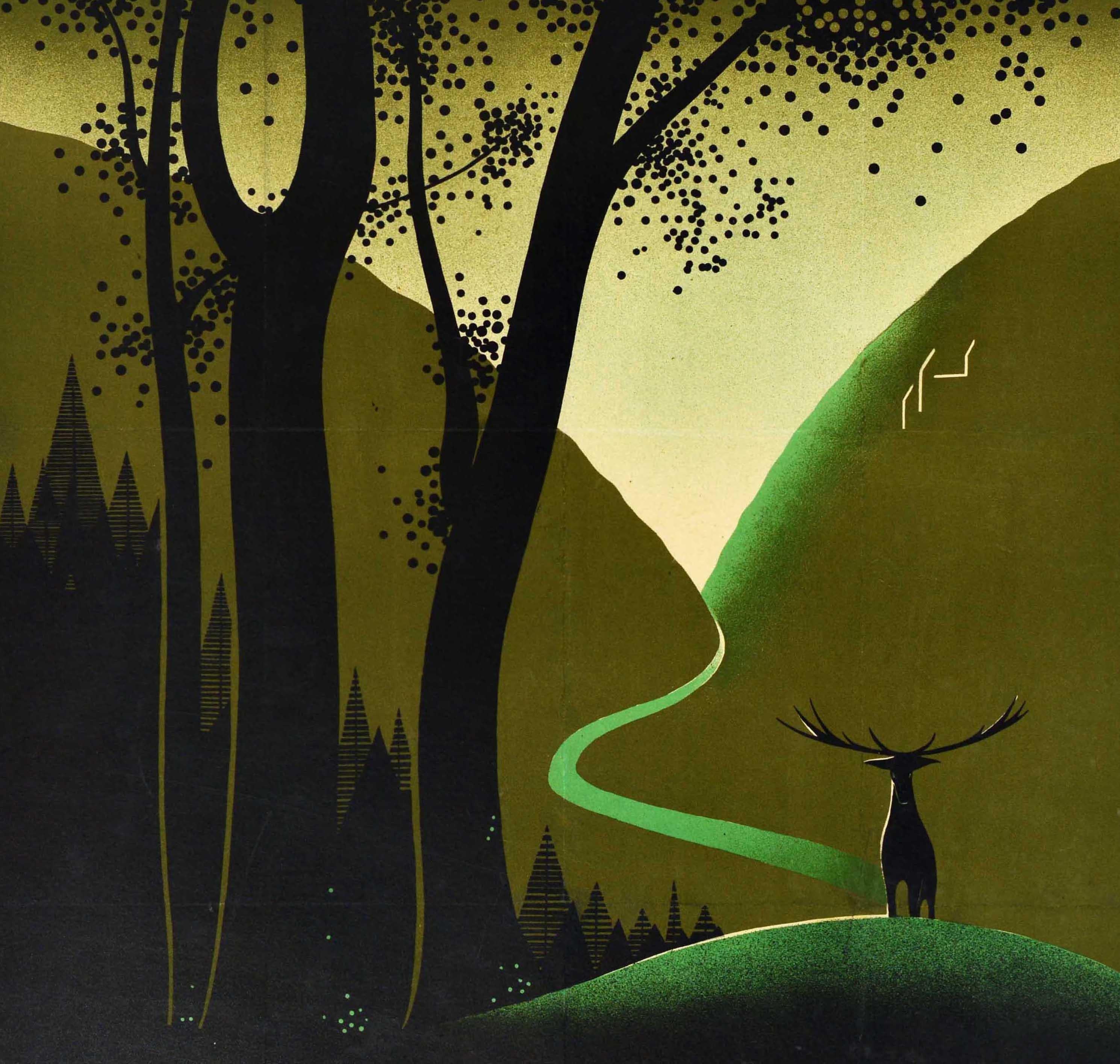 Affiche de voyage vintage originale présentant un superbe dessin Art déco d'Edgard Lemaire représentant la silhouette d'un cerf dans la campagne belge avec des arbres s'élevant vers le ciel au premier plan et une forêt, une vallée, une rivière et