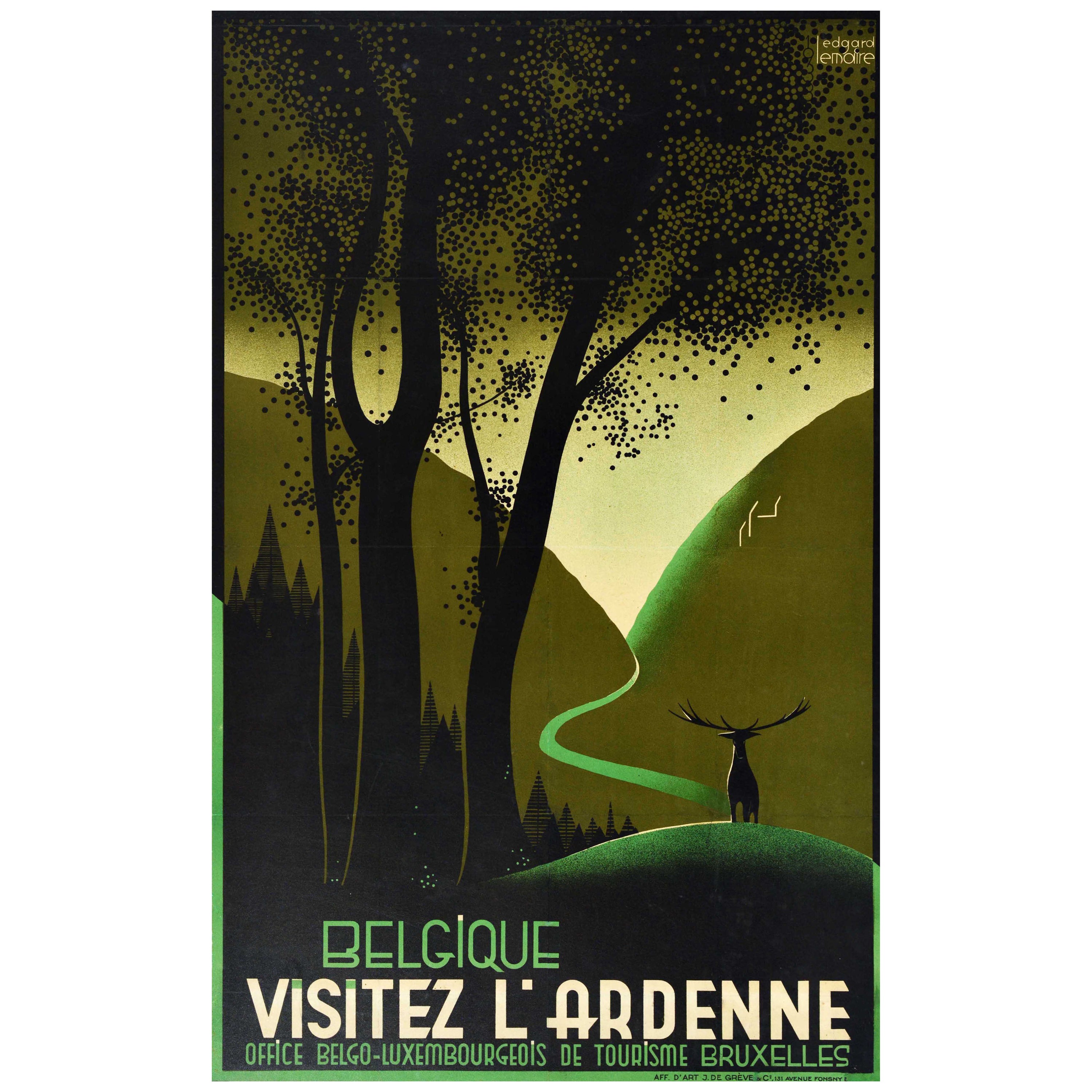Poster di viaggio originale d'epoca Belgio Foresta delle Ardenne Art Deco Stag Belgique