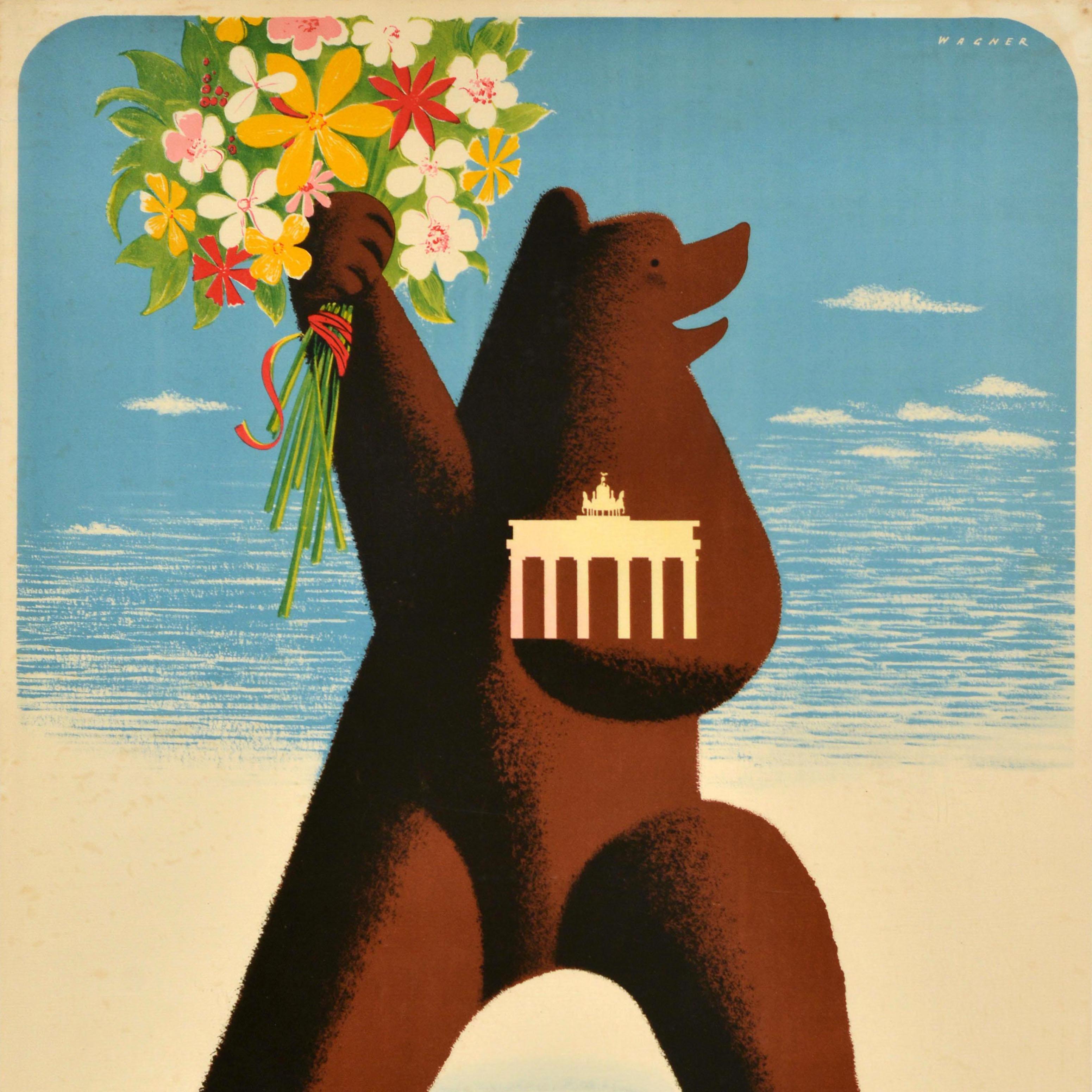Original Vintage Cartel de Viaje Berlín Espera a sus Huéspedes Alemania Oso Wagner Alemán