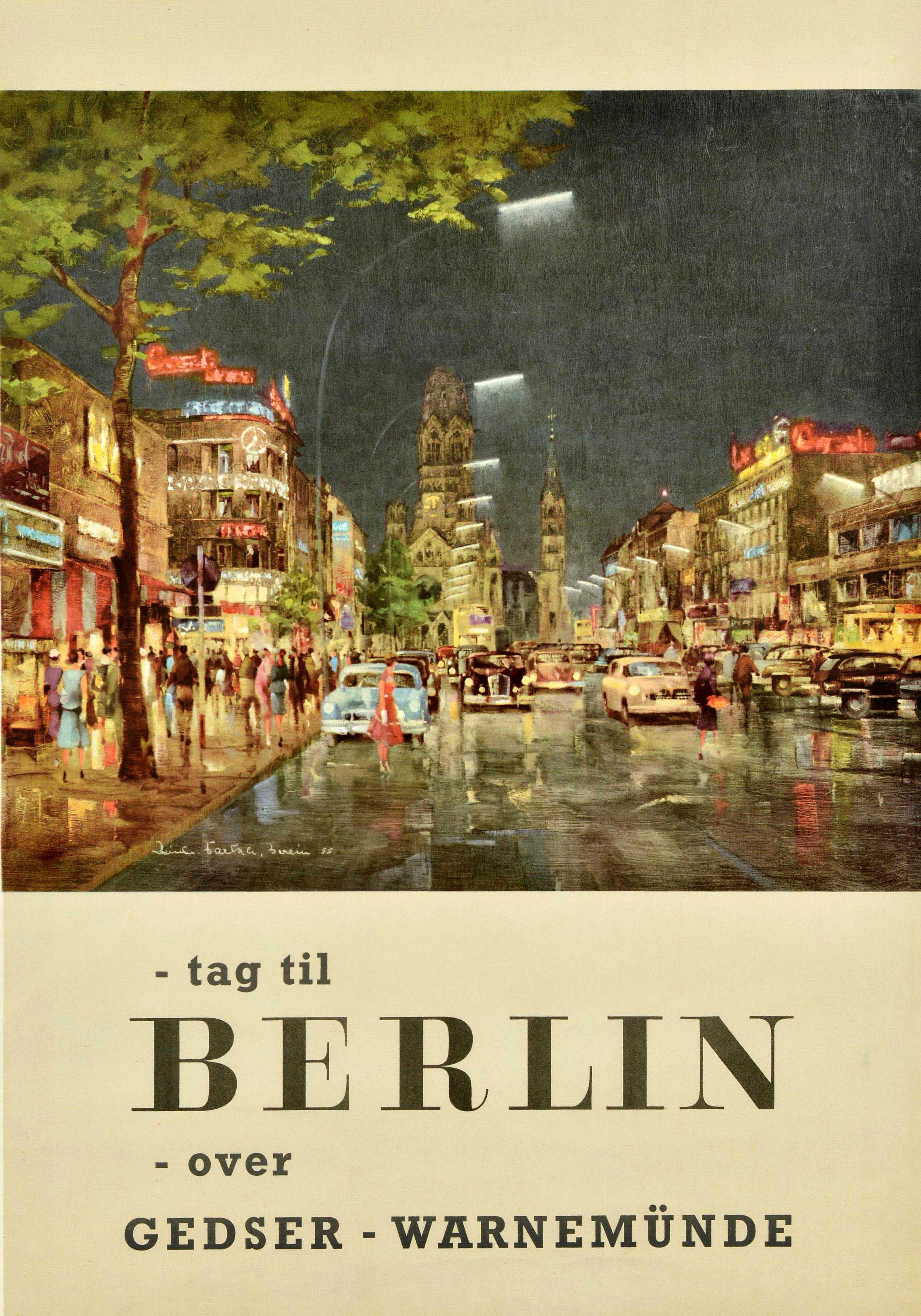 Original Vintage-Reiseplakat für Berlin mit einer malerischen Ansicht des beliebten Kurfurstendamms in einer regnerischen Nacht, mit der historischen Kaiser-Wilhelm-Gedächtniskirche in der Ferne, den Straßenlaternen und der Neonreklame, die auf die