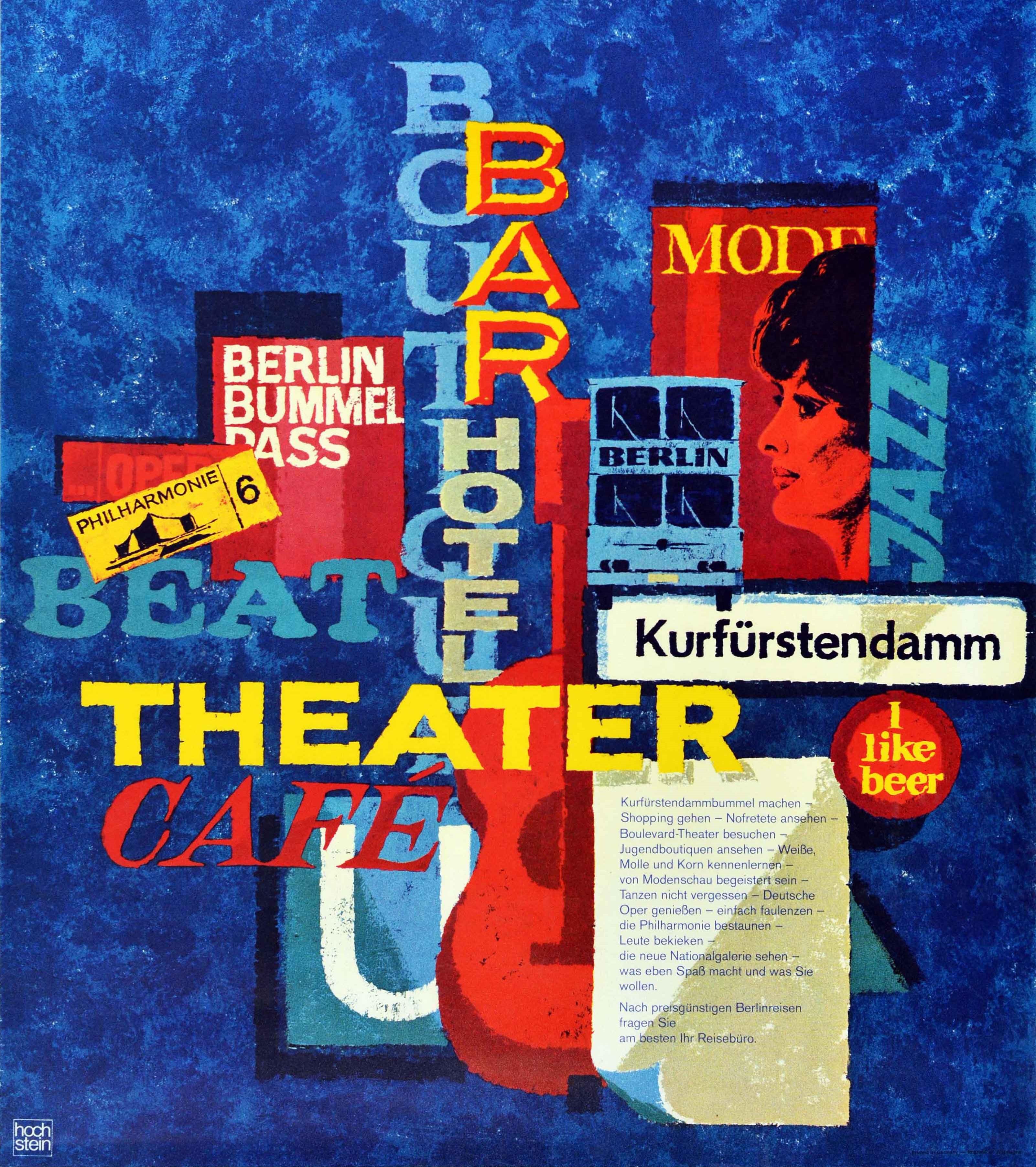 German Original Vintage Travel Poster Berlin River Spree Music Art Theatre Night Life For Sale