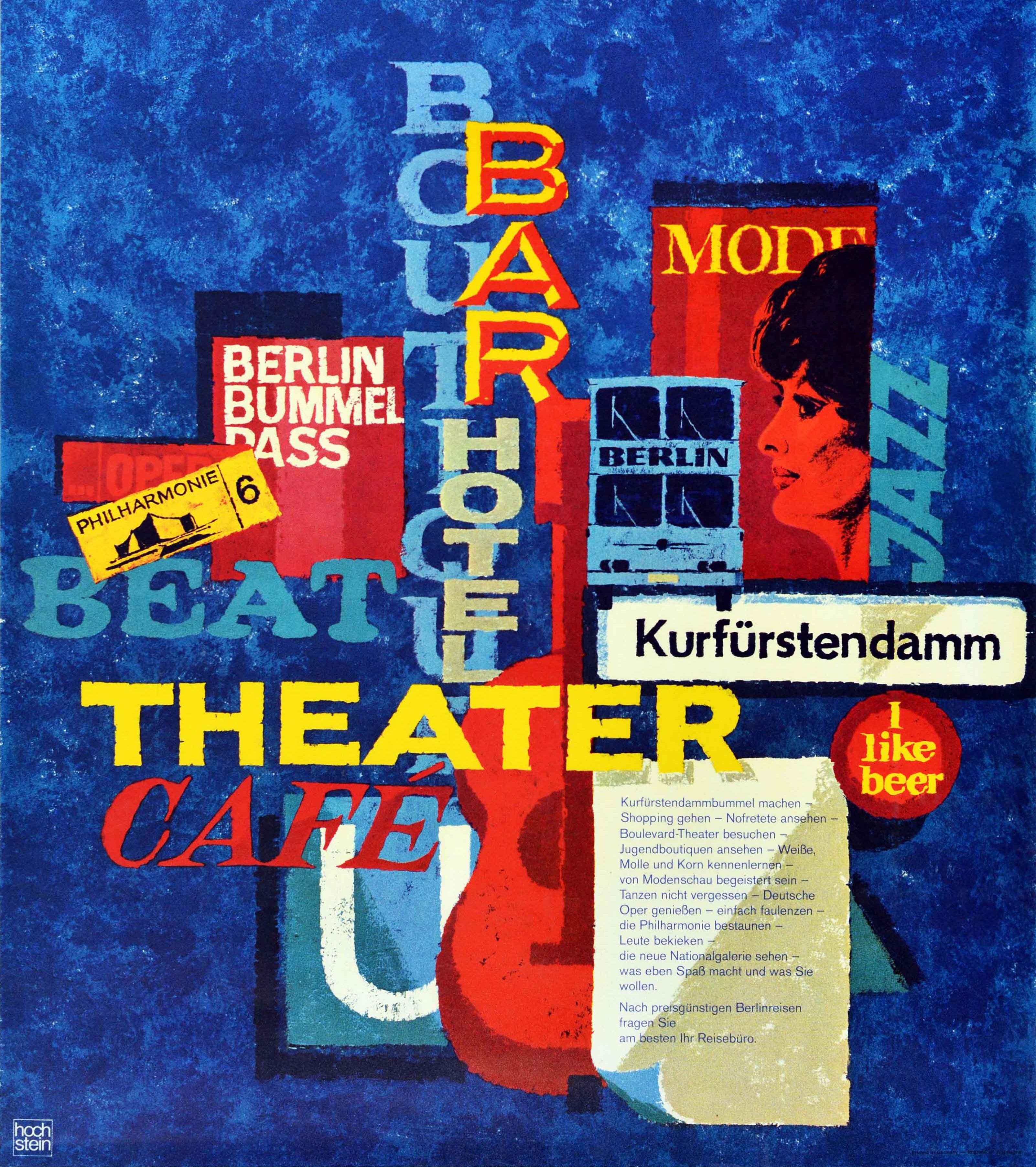 Poster di viaggio originale d'epoca Berlino Fiume Sprea Musica Arte Teatro Vita notturna In condizioni ottime in vendita a London, GB