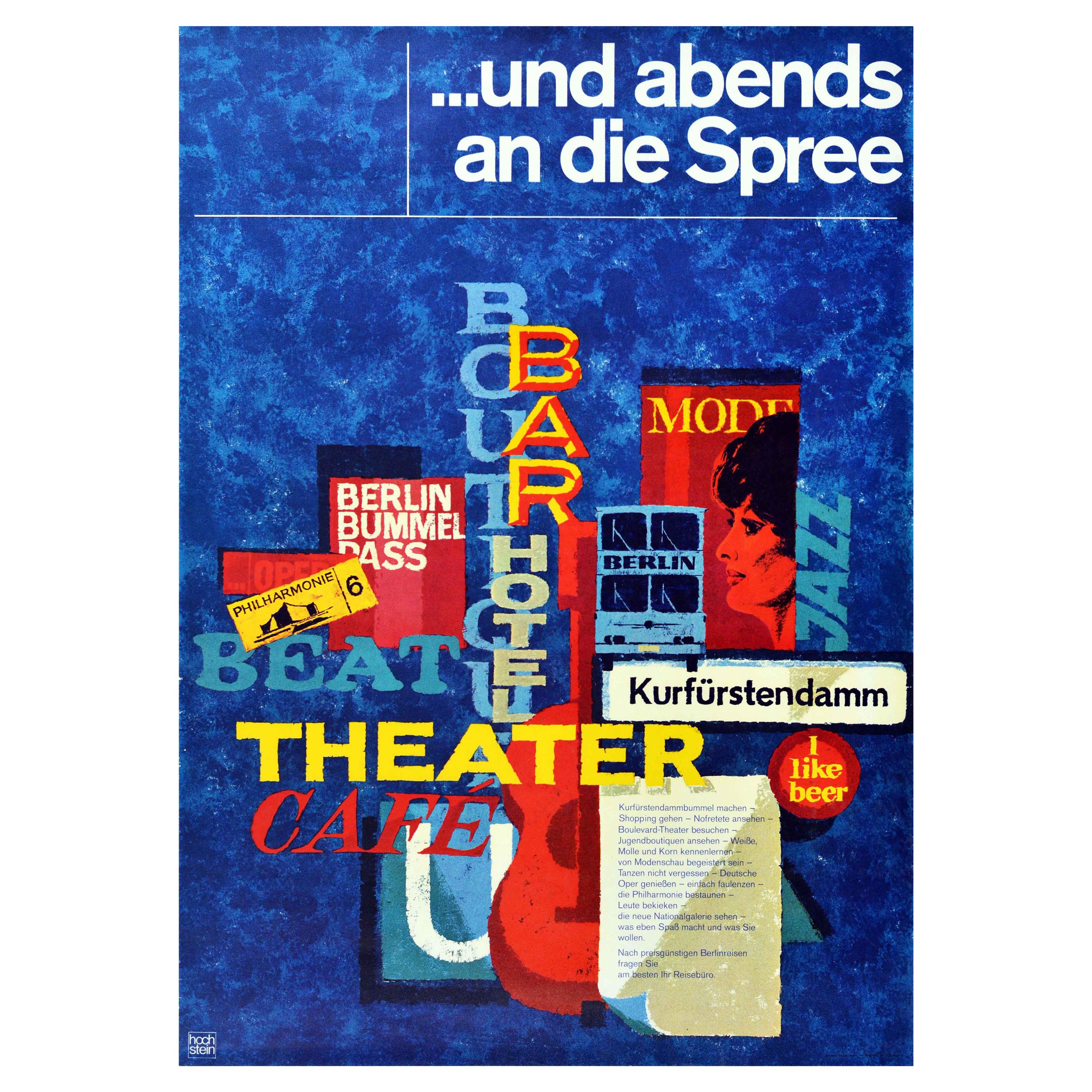 Original Vintage Reiseplakat Berlin Spree Musik Kunst Theater Nachtleben