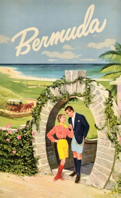 Original Vintage Travel Poster Bermuda Horseshoe Moongate Arch Beach Romance