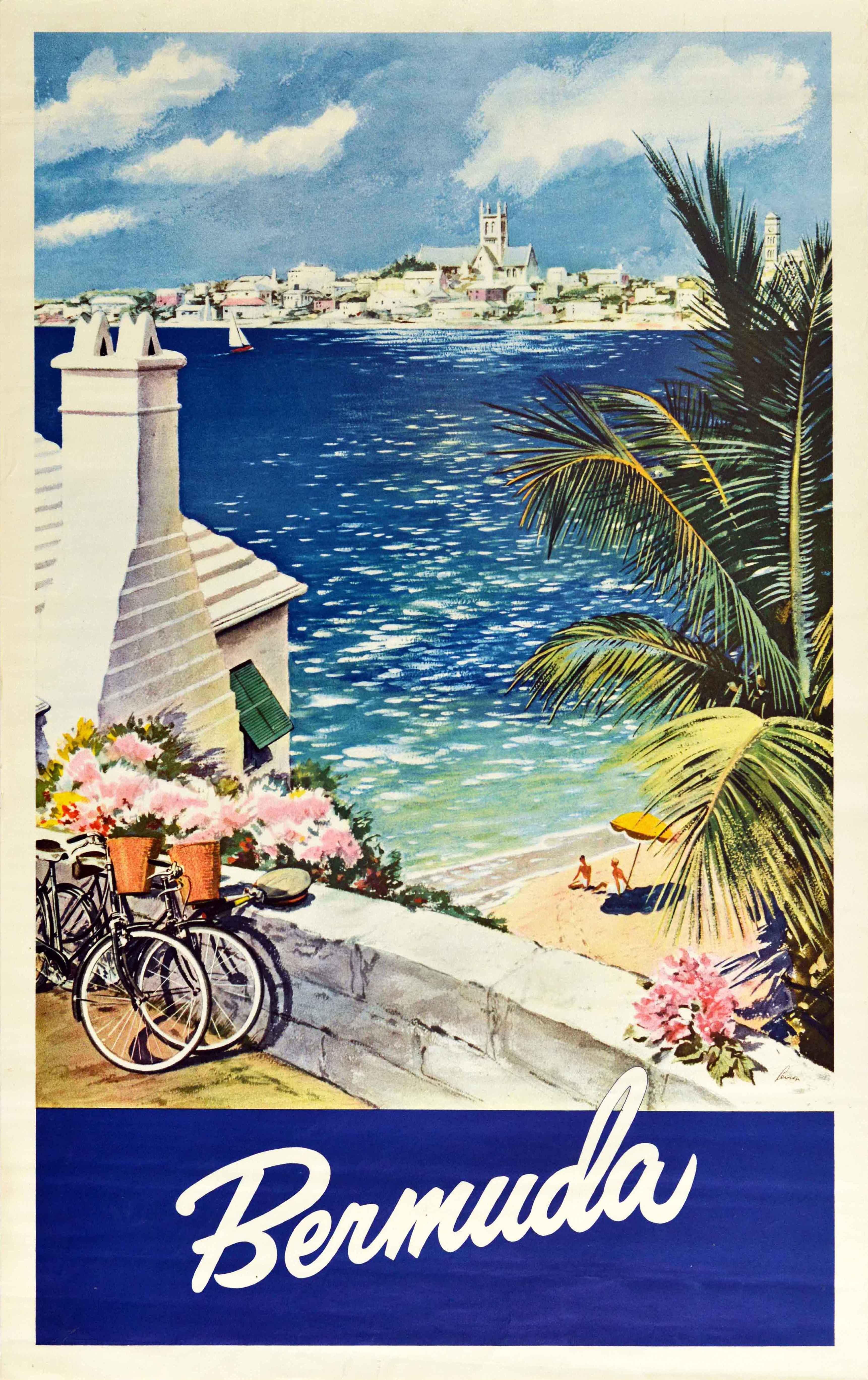 Original vintage travel poster for Bermuda featuring a great illustration of two bikes parked along a seaside road next to pink flowers with people sunbathing under colourful sun umbrellas on the sandy beach and a palm tree on the side, a sailing