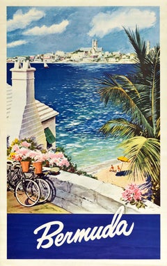 Original Vintage Travel Poster Bermuda Island Ocean View Sailing Beach Cycling