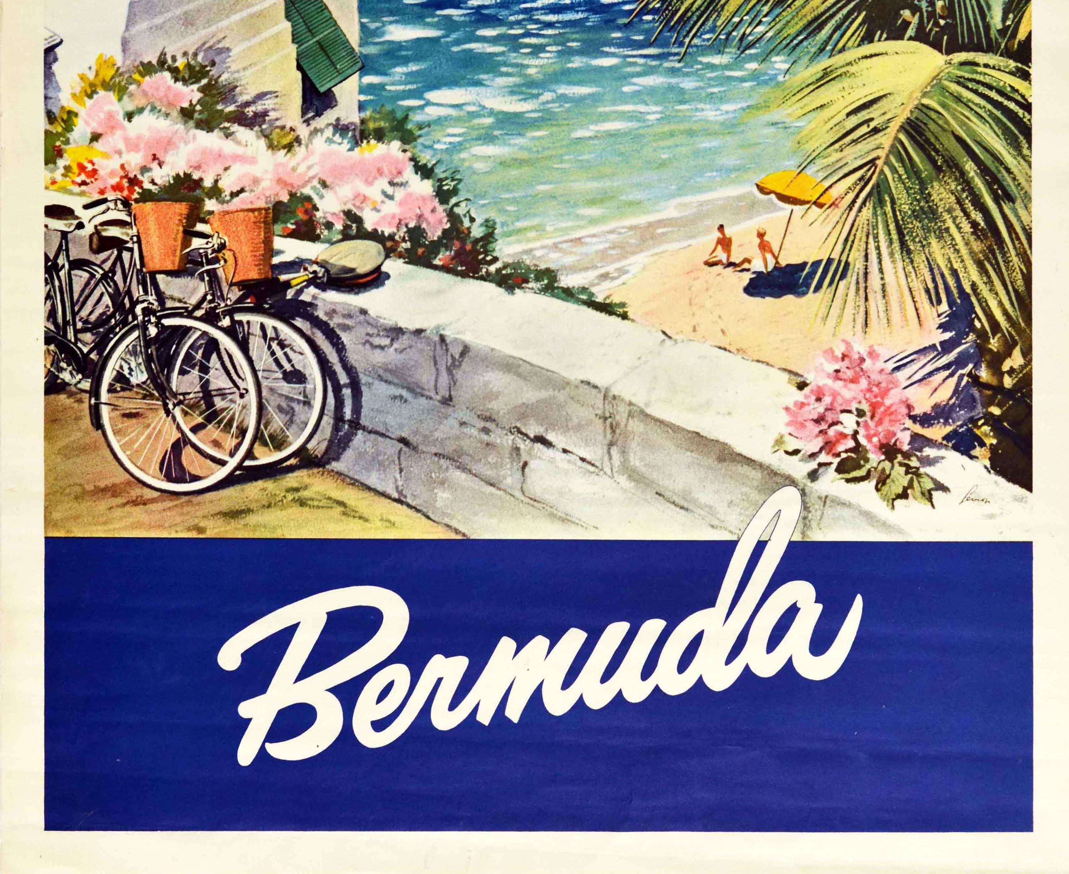 American Original Vintage Travel Poster Bermuda Island Ocean View Sailing Beach Cycling For Sale