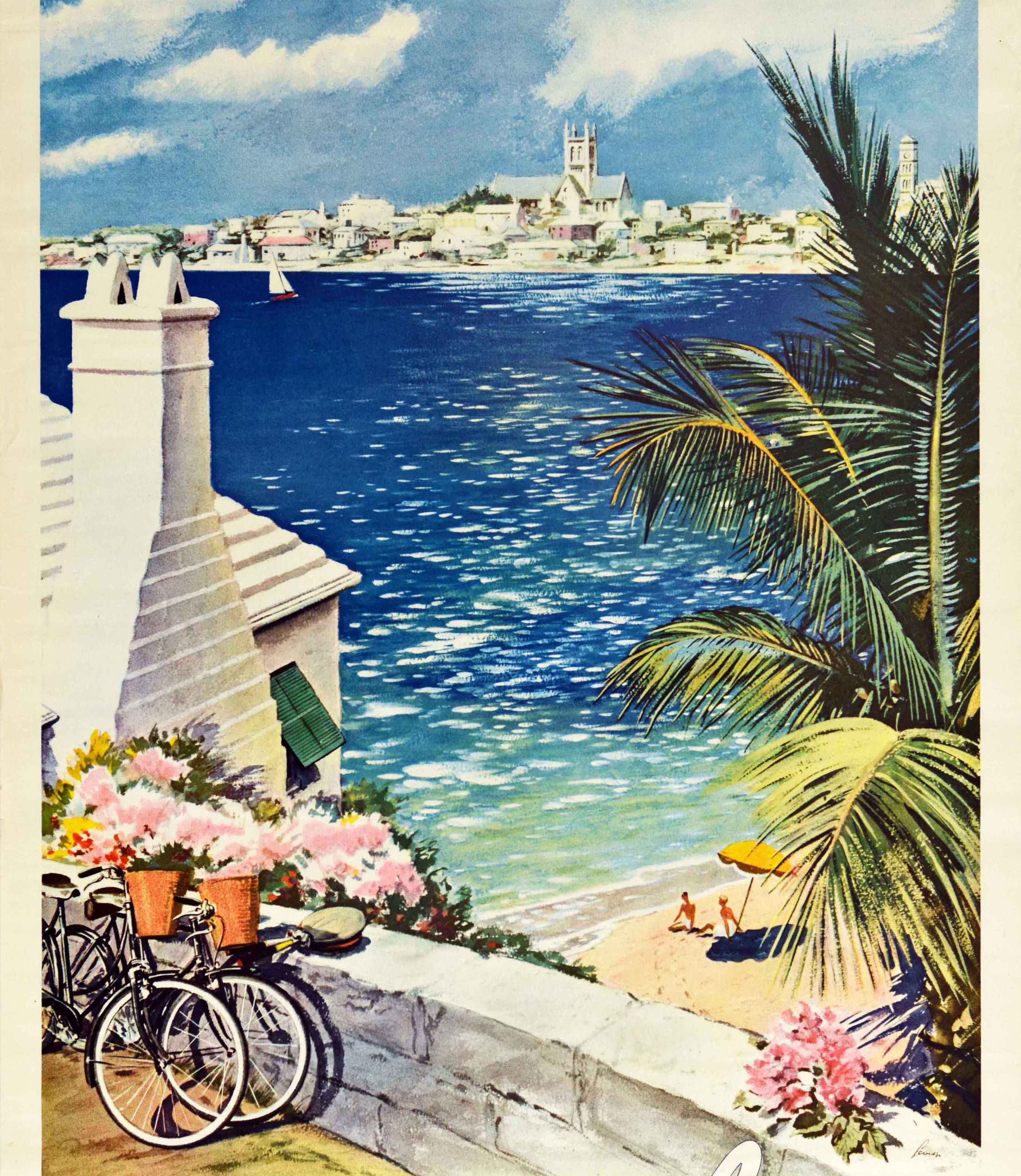 Original Vintage Travel Poster Bermuda Island Ocean View Sailing Beach Cycling In Good Condition For Sale In London, GB