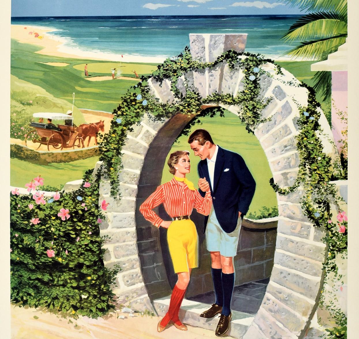 American Original Vintage Travel Poster Bermuda Moongate Arch Golf Beach Horse Carriage