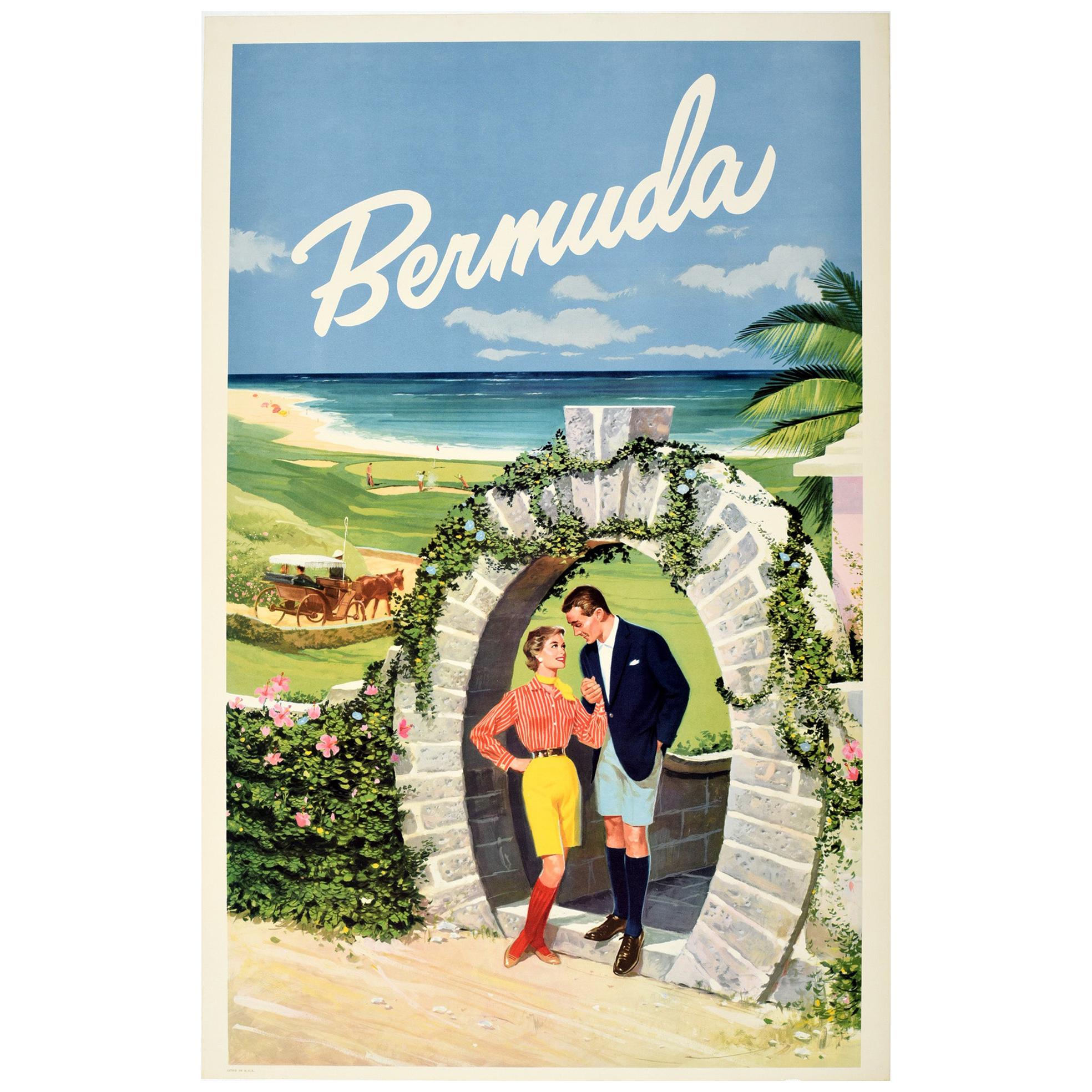 Original Vintage Travel Poster Bermuda Moongate Arch Golf Beach Horse Carriage