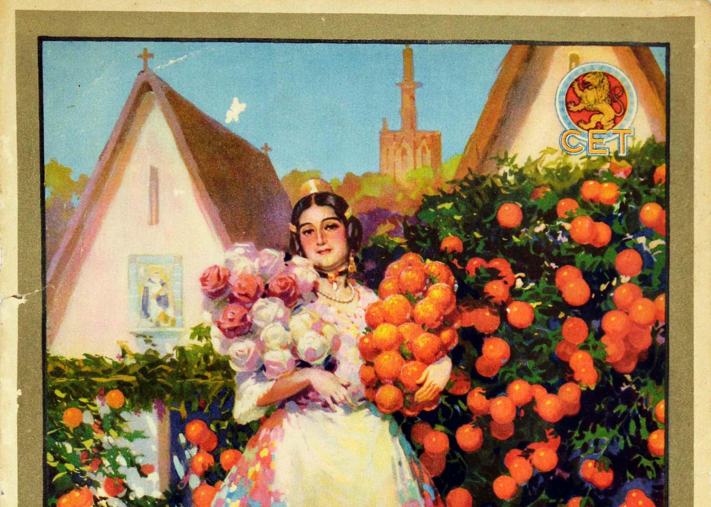Original vintage travel poster - Besuchen Sie Valencia der Blumengarten Spaniens / Visit Valencia the flower garden of Spain - featuring colourful artwork by the Spanish painter Jose Segrelles Albert (1885-1969) depicting a young lady in a floral