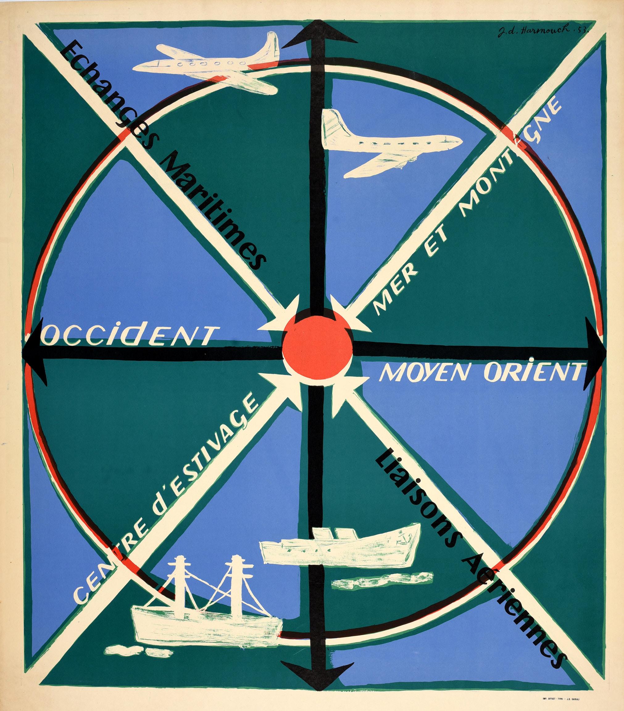 Original vintage travel poster for Beyrouth Liban / Beirut Lebanon featuring a compass design with arrows pointing to a red dot in the centre, the text promoting Maritime exchanges Sea and mountains Summer centre Air links / Echanges maritimes Mer