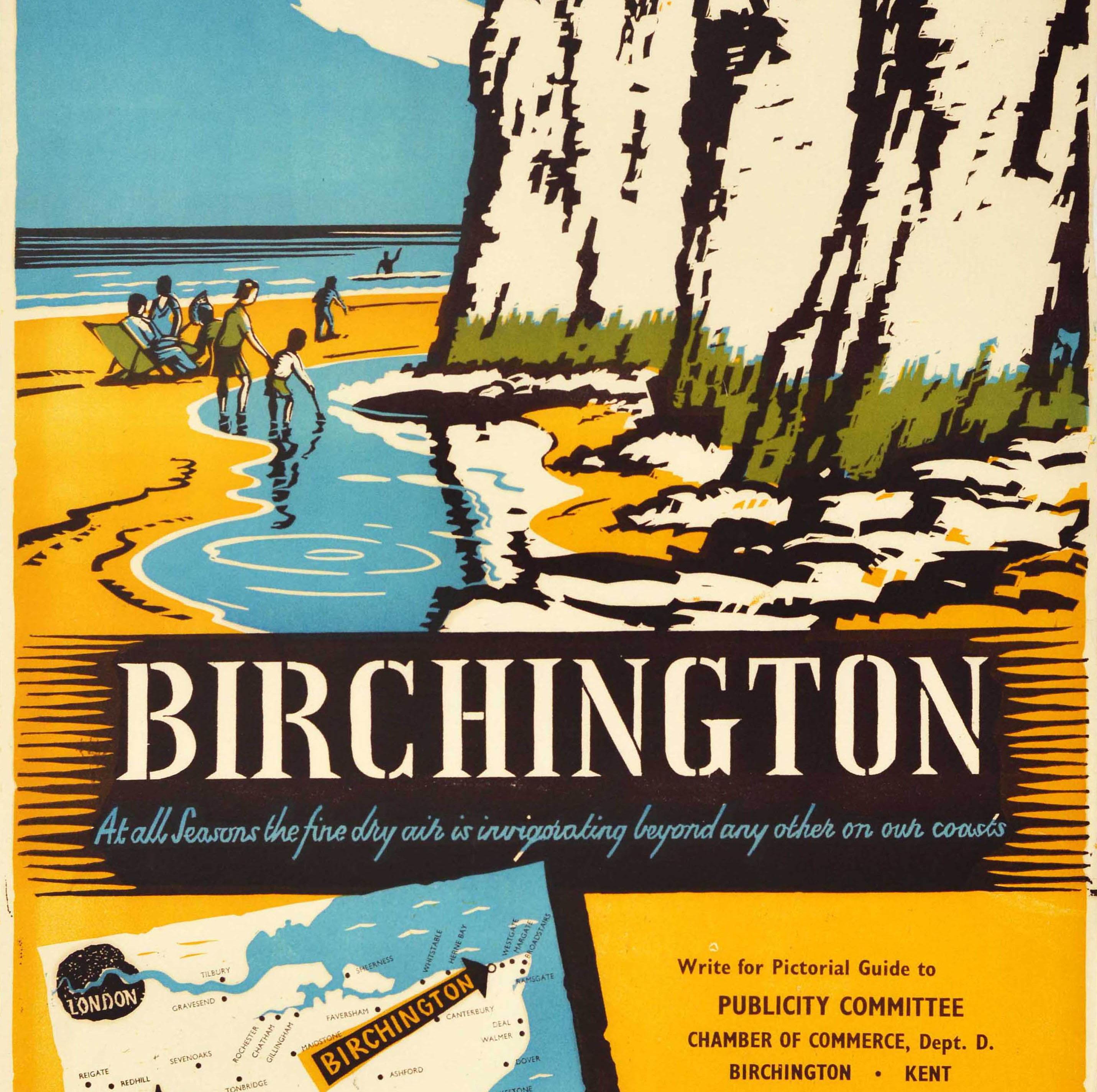 Original vintage travel poster for the Kent seaside resort of Birchington - At all Seasons the fine dry air is invigorating beyond any other on our coasts - featuring a colourful illustration by David William Burley (1901-1991) of holidaymakers on a