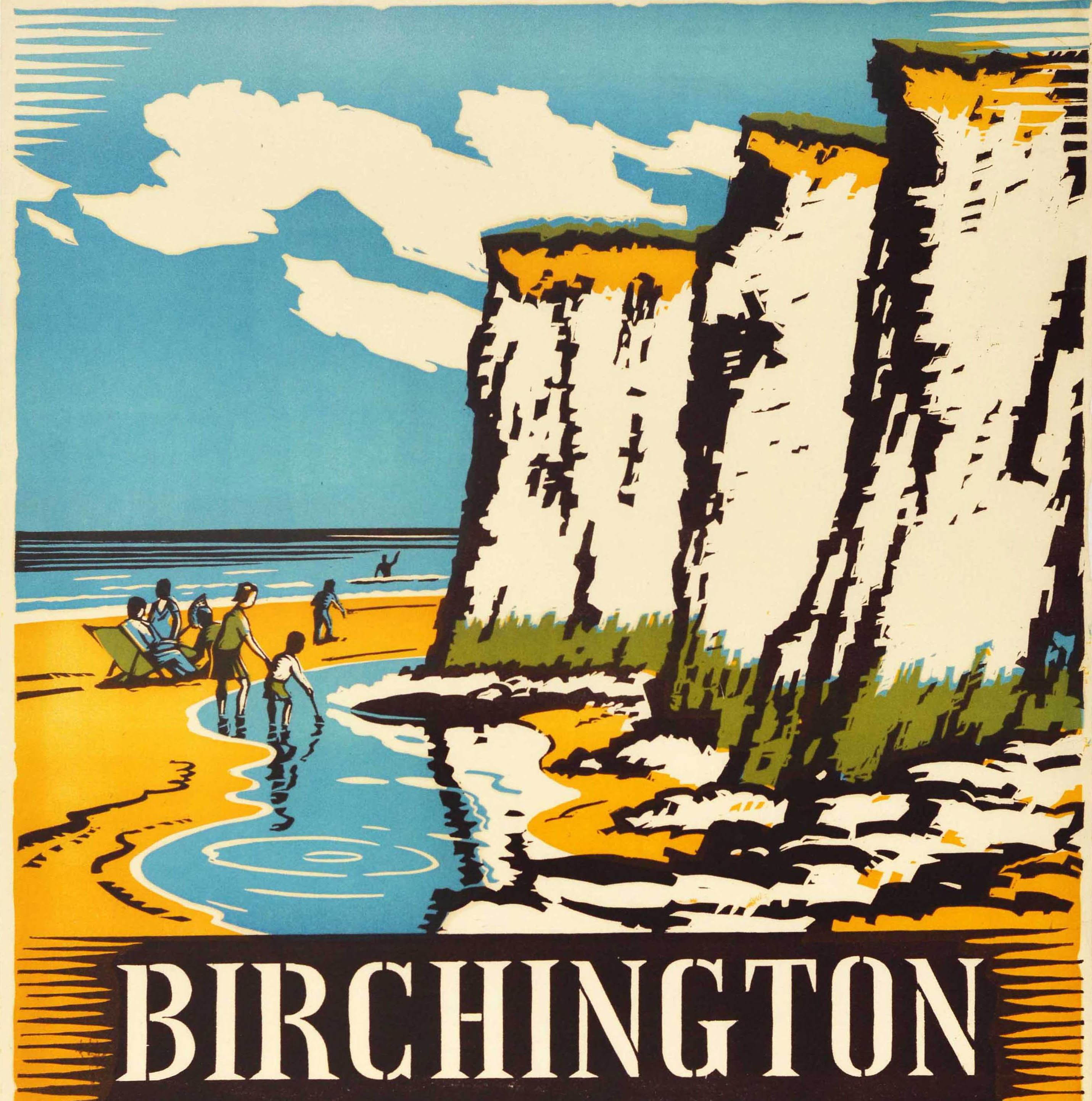 British Original Vintage Travel Poster Birchington Kent Beach Sea Wall England Design For Sale