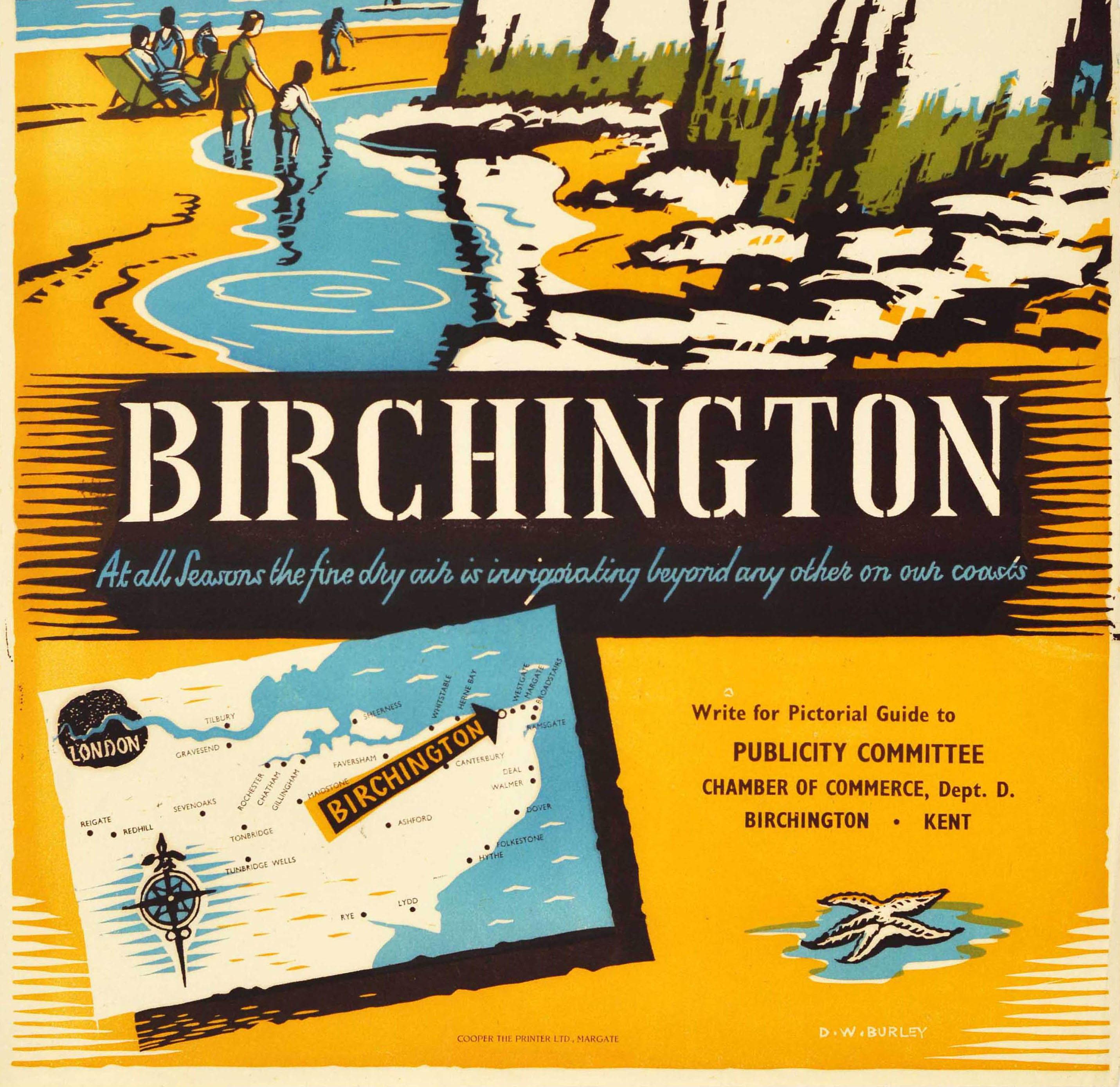 Original Vintage Travel Poster Birchington Kent Beach Sea Wall England Design In Good Condition For Sale In London, GB