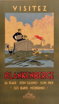 Affiche de voyage vintage originale : station balnéaire de Blankenberge, mer du Nord, Flandre