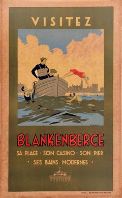 Affiche de voyage vintage originale : station balnéaire de Blankenberge, mer du Nord, Flandre
