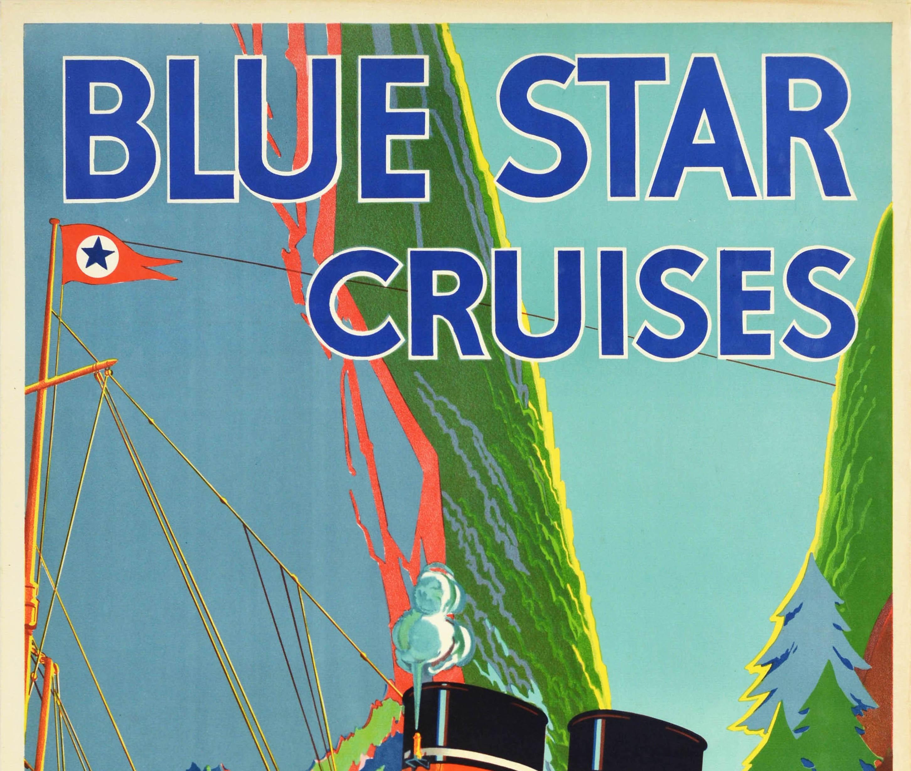 Original vintage cruise travel poster for Blue Star Cruises Norway featuring a colourful image of a ship sailing through a fjord between steep cliffs with trees in the foreground, the passengers enjoying the scenic view from the decks, the bold text
