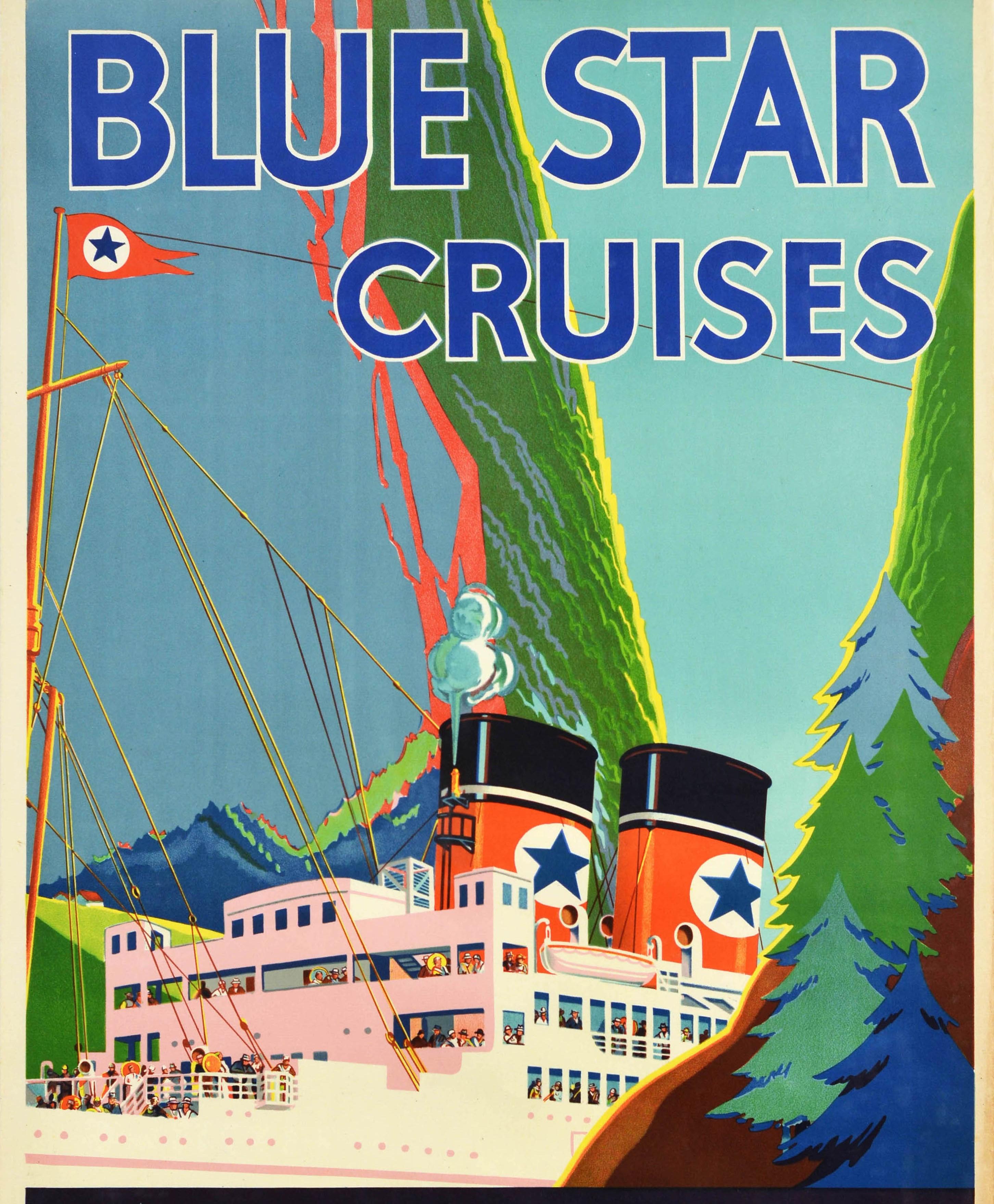 British Original Vintage Travel Poster Blue Star Cruises Norway Fjord Scenic Sailing Art For Sale