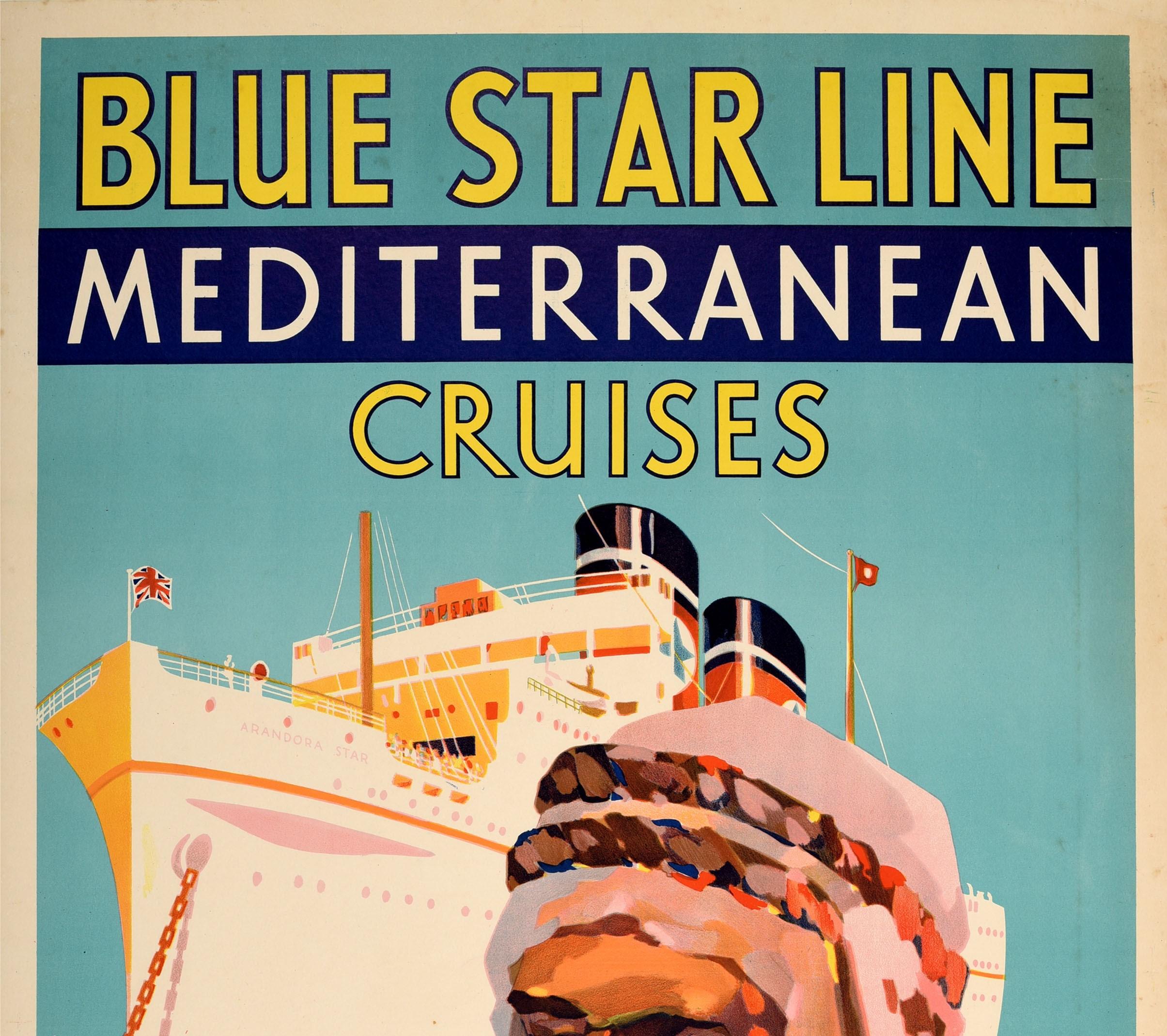 Original vintage cruise travel poster for Blue Star Line Mediterranean Cruises on the Queen of Cruising Liners Arandora Star featuring a colourful image of a man in front of a steam ship reflected on the blue sea below with buildings visible on land