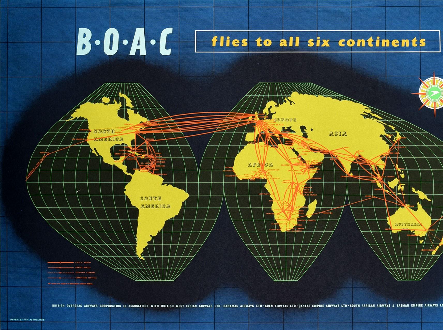 Original vintage British Overseas Airways Corporation travel advertising poster - BOAC Flies To All Six Continents - featuring a planisphere map of the world against a dark blue background with the speedbird logo inside a compass point below the