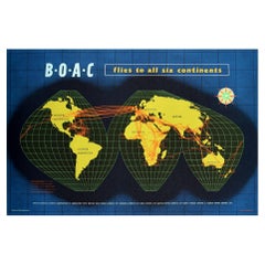 Original Retro Travel Poster BOAC Flies To All Six Continents Planisphere Map