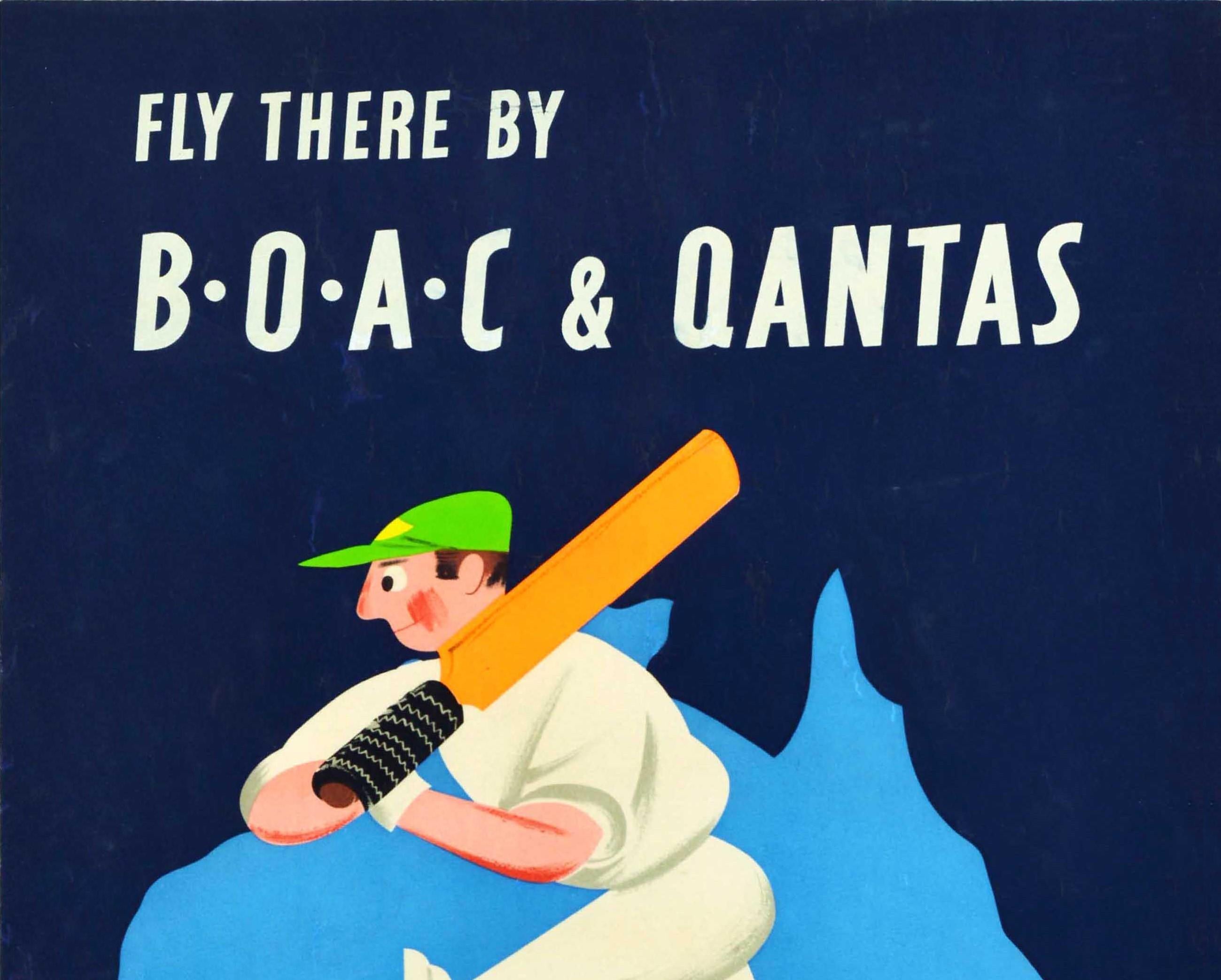 Original vintage travel poster - Fly there by BOAC & Qantas British Overseas Airways Corporation in Association with Qantas Empire Airways Limited South African Airways Tasman Empire Airways Limited - featuring a colourful sport design depicting a
