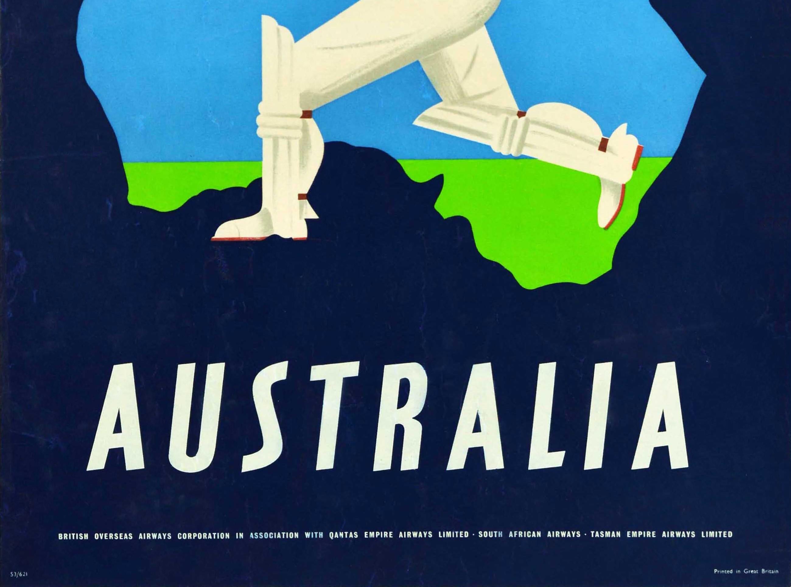 British Original Vintage Travel Poster BOAC QANTAS Airlines Australia Cricket Map Design