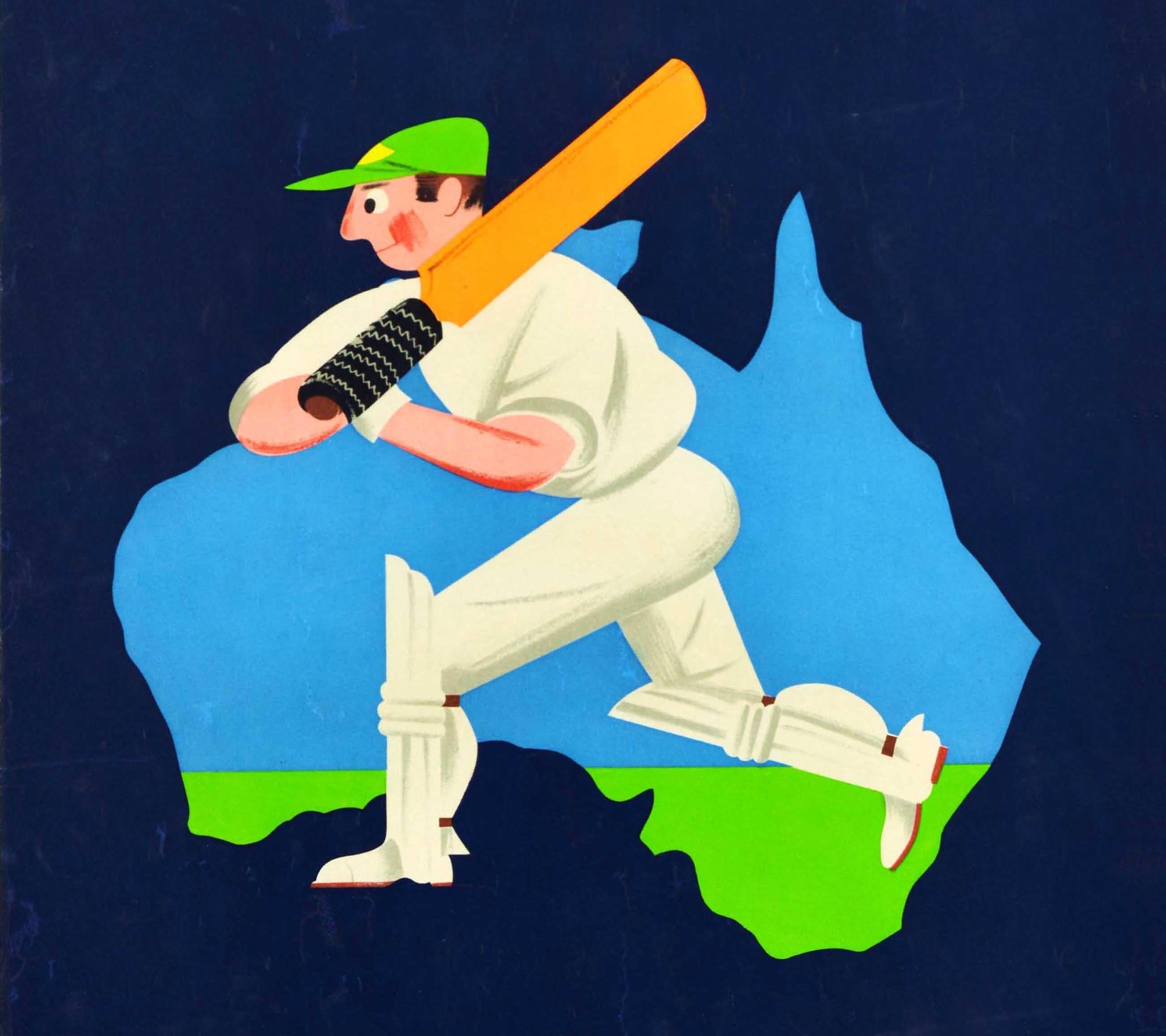 Original Vintage Travel Poster BOAC QANTAS Airlines Australia Cricket Map Design In Good Condition In London, GB