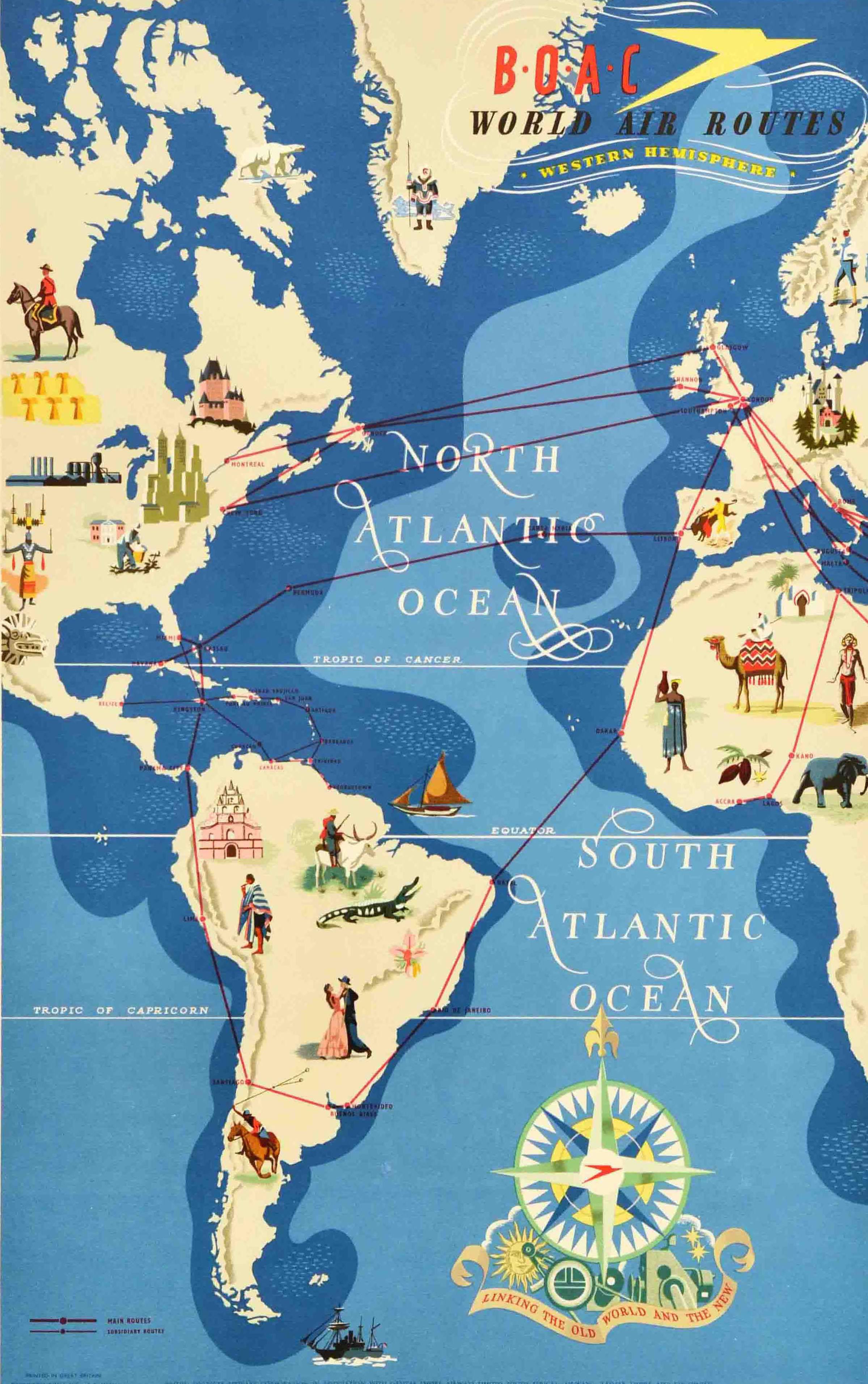 Affiche publicitaire originale d'époque pour BOAC World Air Routes Western Hemisphere présentant une carte picturale avec des illustrations colorées de personnes en costumes nationaux, de lieux d'intérêt historique, de chaînes de montagnes,