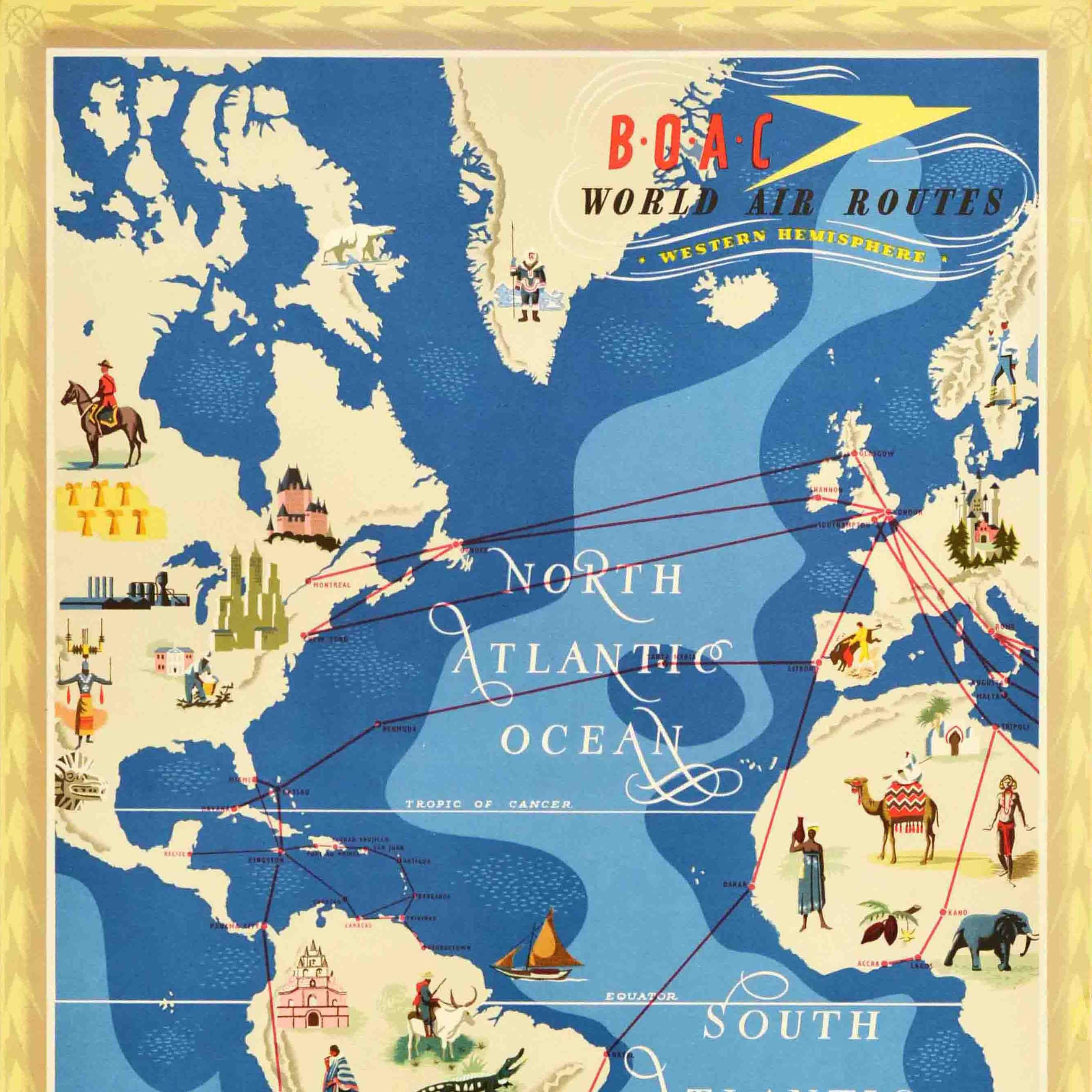 Britannique Affiche rétro originale de voyage BOAC World Air Routes, Dessin de l'hémisphère occidentale en vente