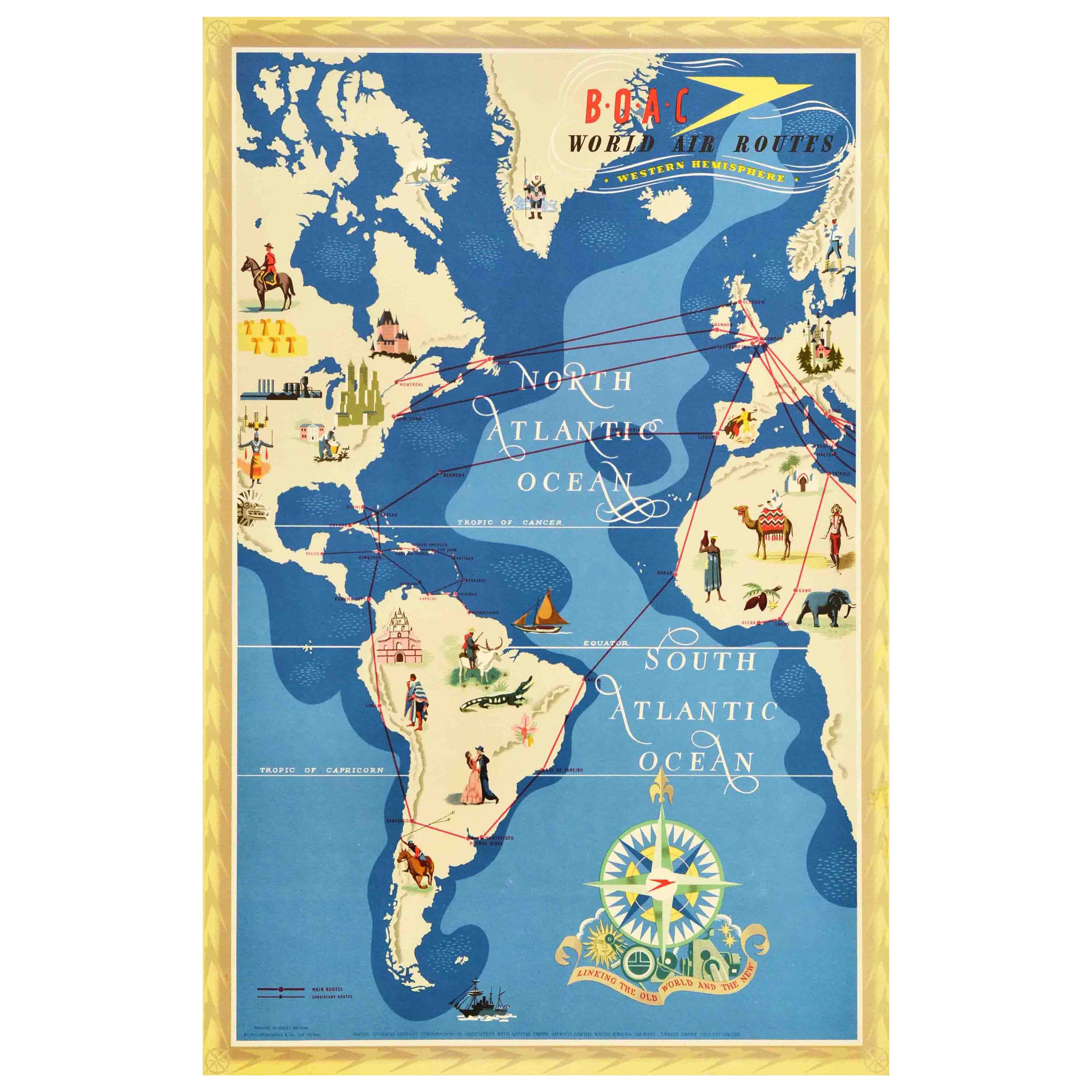 Poster di viaggio originale d'epoca BOAC Rotte aeree mondiali Emisfero Occidentale Design