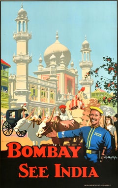 Original Vintage Travel Poster Bombay See India Mumbai Old Temple Street Design