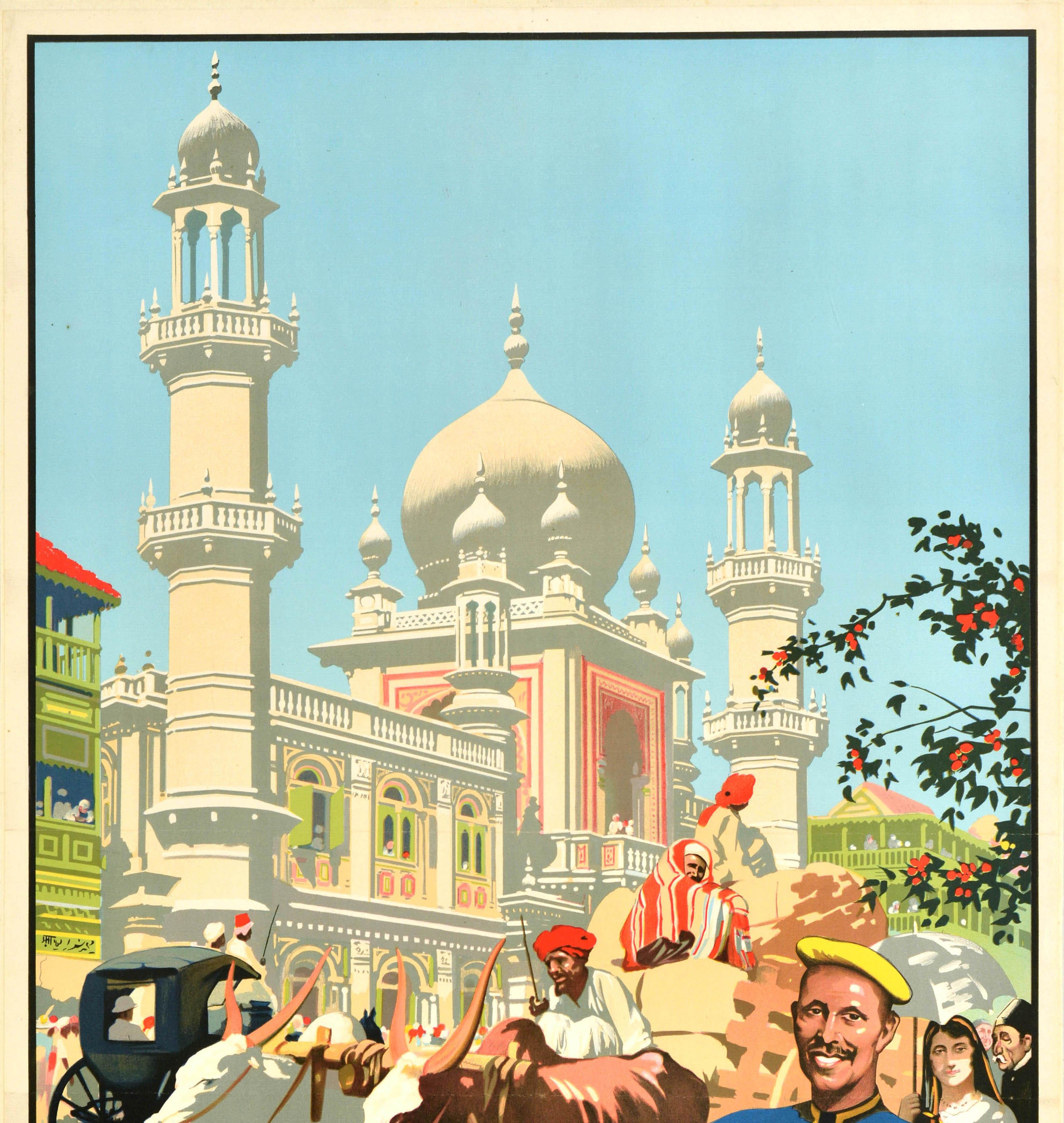 Indian Original Vintage Travel Poster Bombay See India Mumbai Old Temple Street Design For Sale