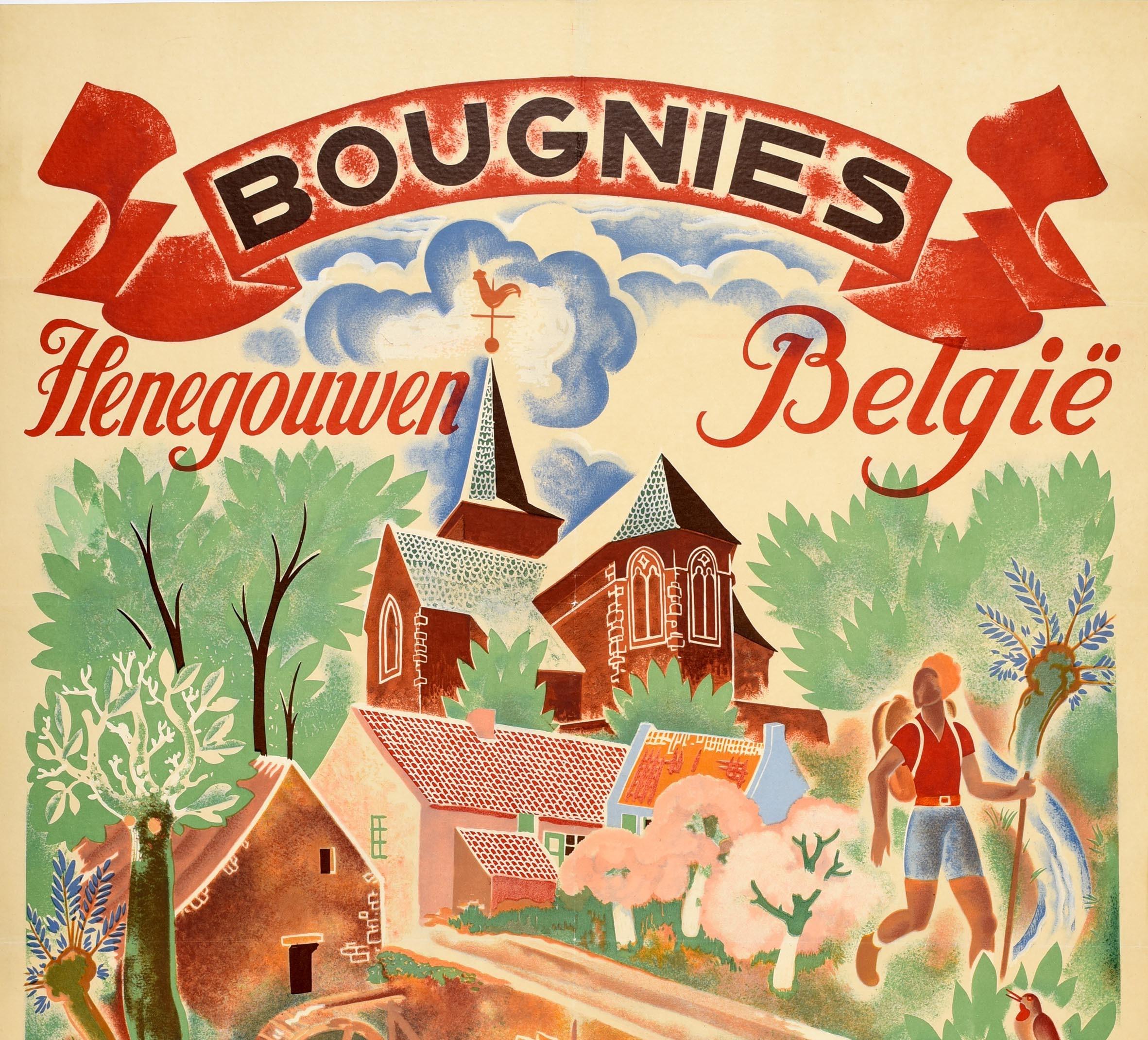 Original Vintage-Reiseplakat für Bougnies Henegouwen Belgie in der südlichen Region Henegouwen in Belgien mit farbenfrohem Kunstwerk im Nervia-Stil, das einen Mann beim Angeln und eine Dame beim Sonnenbaden und Lesen inmitten von Blumen und Vögeln
