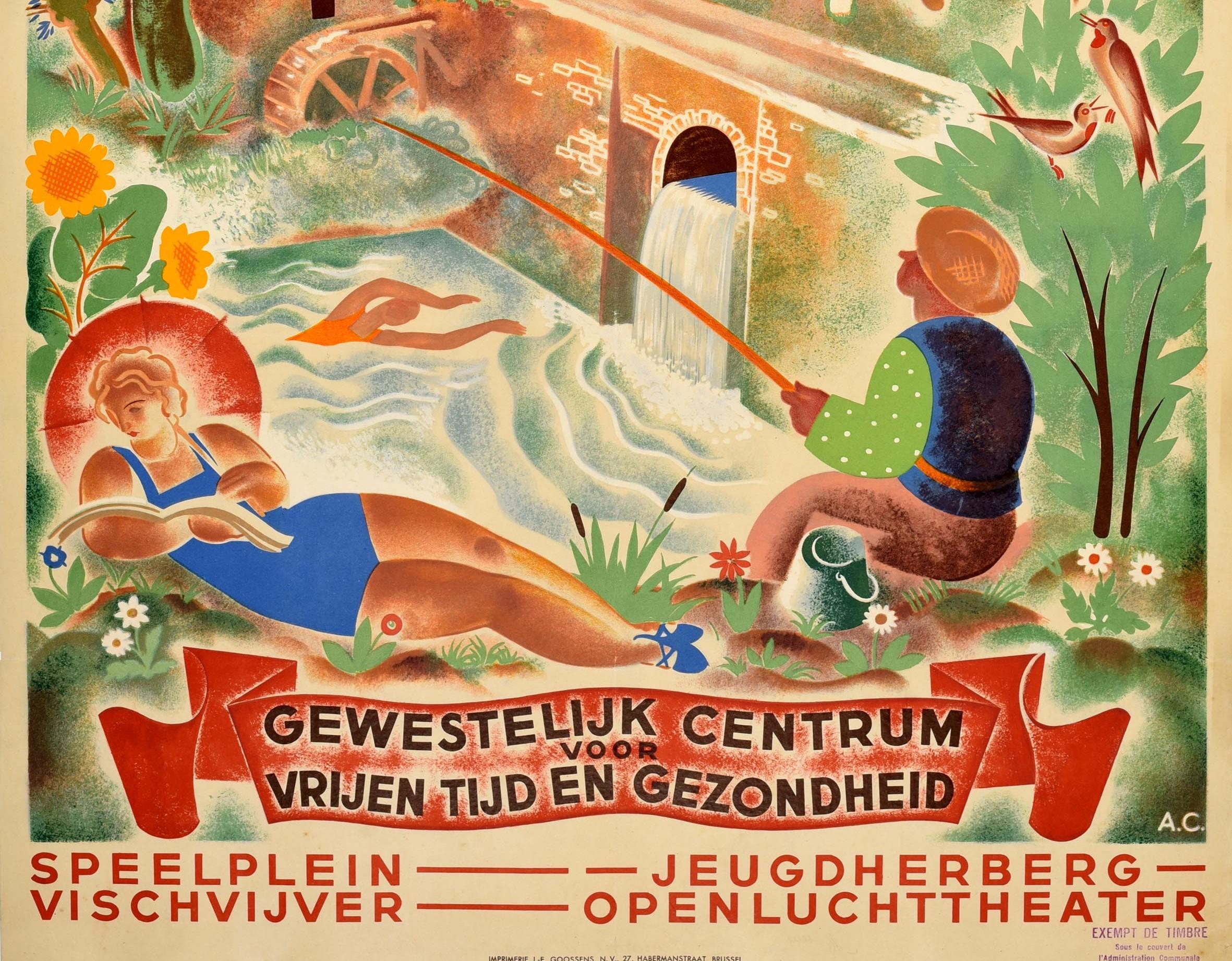 Art Deco Original Vintage Travel Poster Bougnies Henegouwen Belgie Belgium Sport Leisure For Sale
