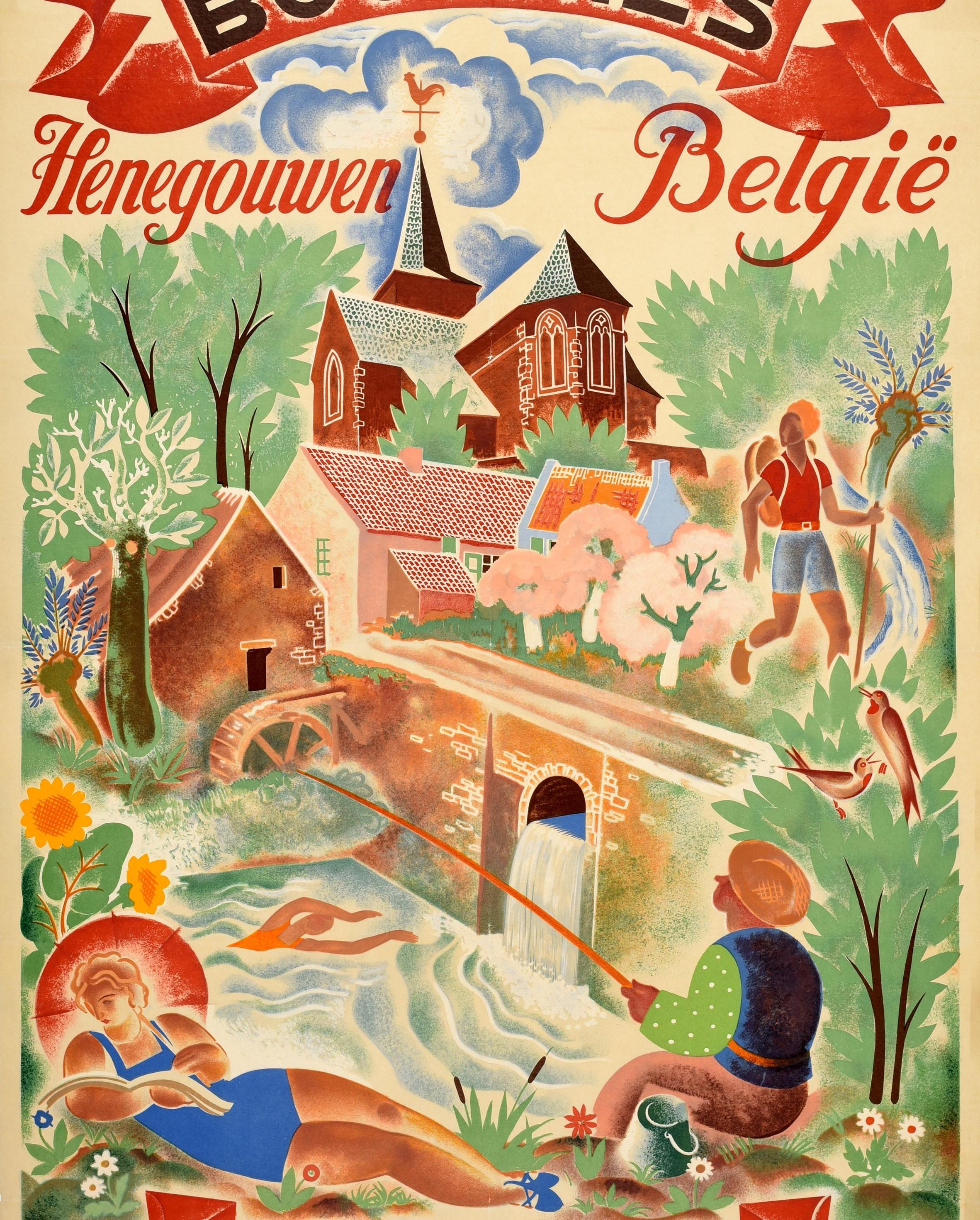 Belgian Original Vintage Travel Poster Bougnies Henegouwen Belgie Belgium Sport Leisure For Sale