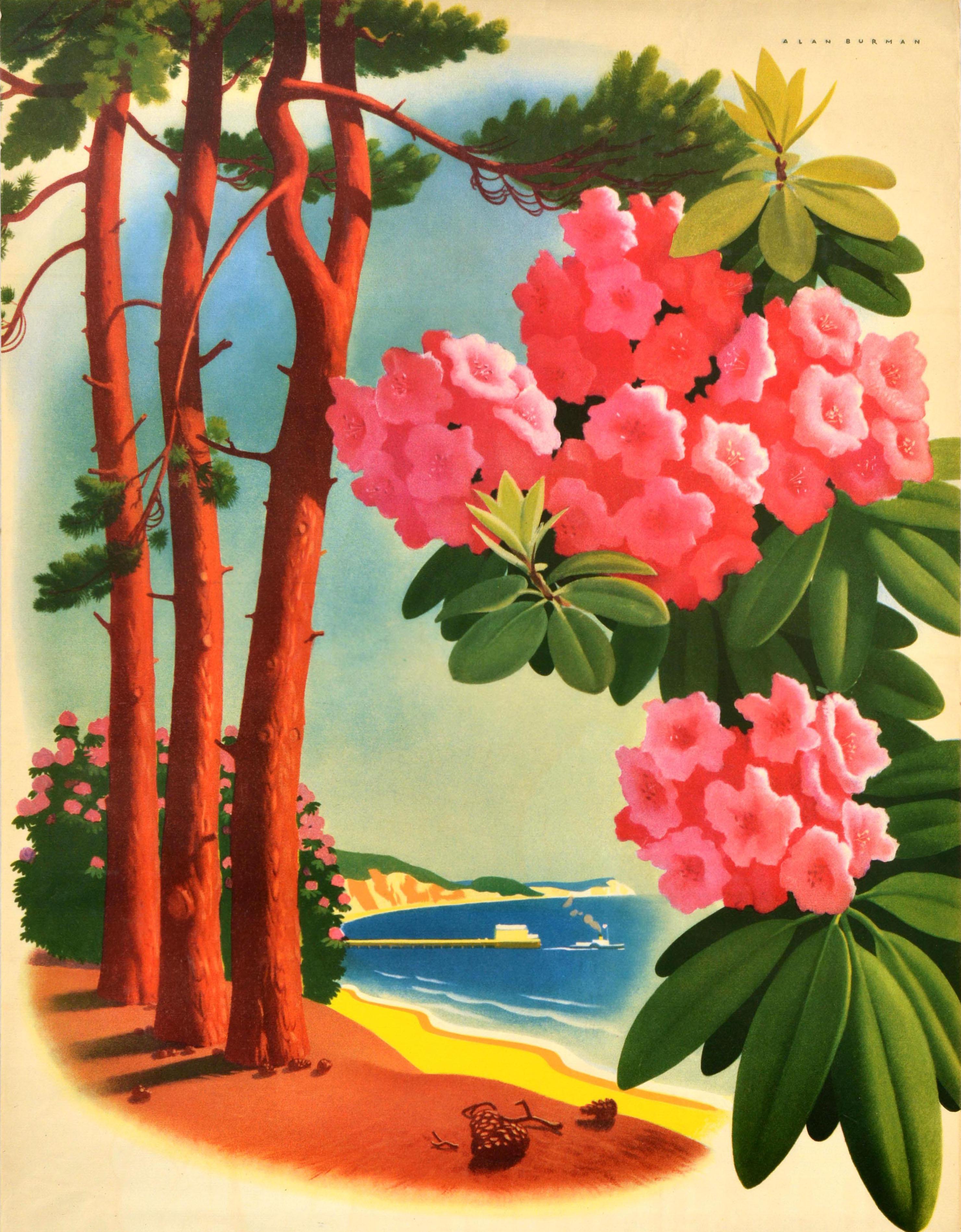 Poster di viaggio originale d'epoca che pubblicizza Bournemouth, nel Dorset, sulla costa meridionale dell'Inghilterra, per le vacanze estive e invernali, con un'illustrazione colorata di Alan Burman (1905-1963) che mostra un battello a vapore che