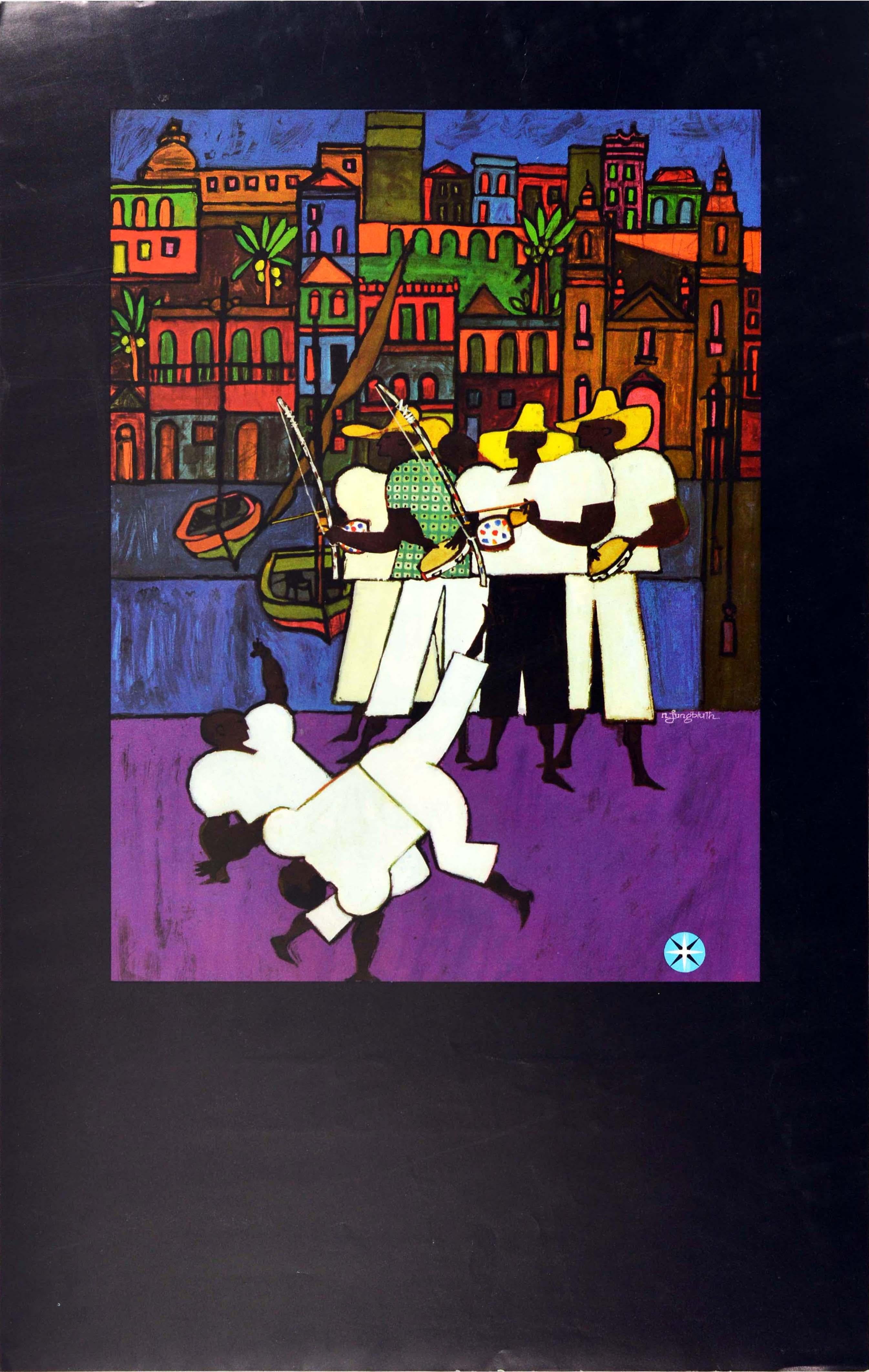 Original vintage double sided South America travel poster for Brasil & Varig airlines featuring a fun and colourful illustration of carnival celebrations depicting people dancing a Frevo dance dressed in white shirts and holding pink umbrellas to