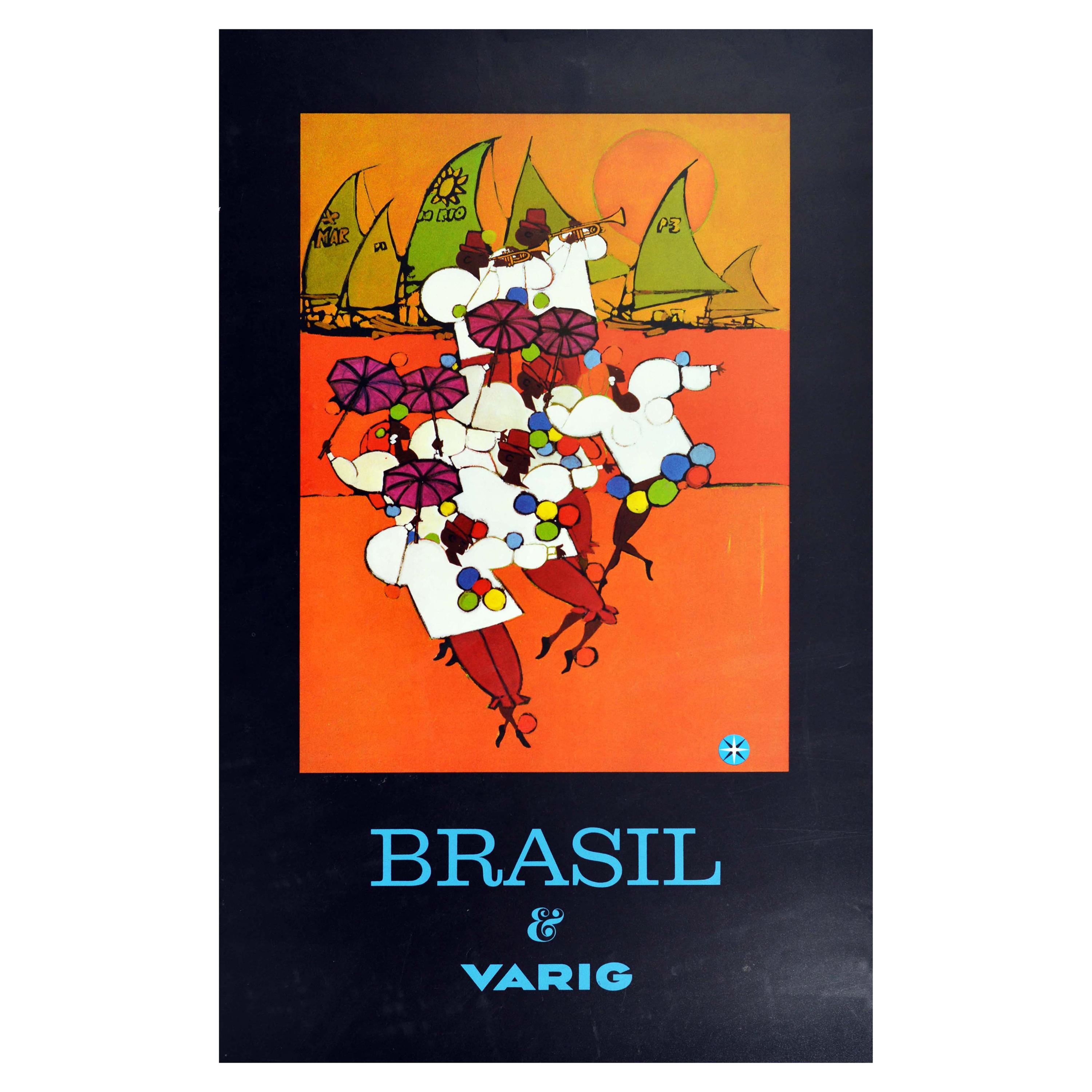 Original Vintage Travel Poster Brazil Brasil Varig Rio Carnival Frevo Capoeira