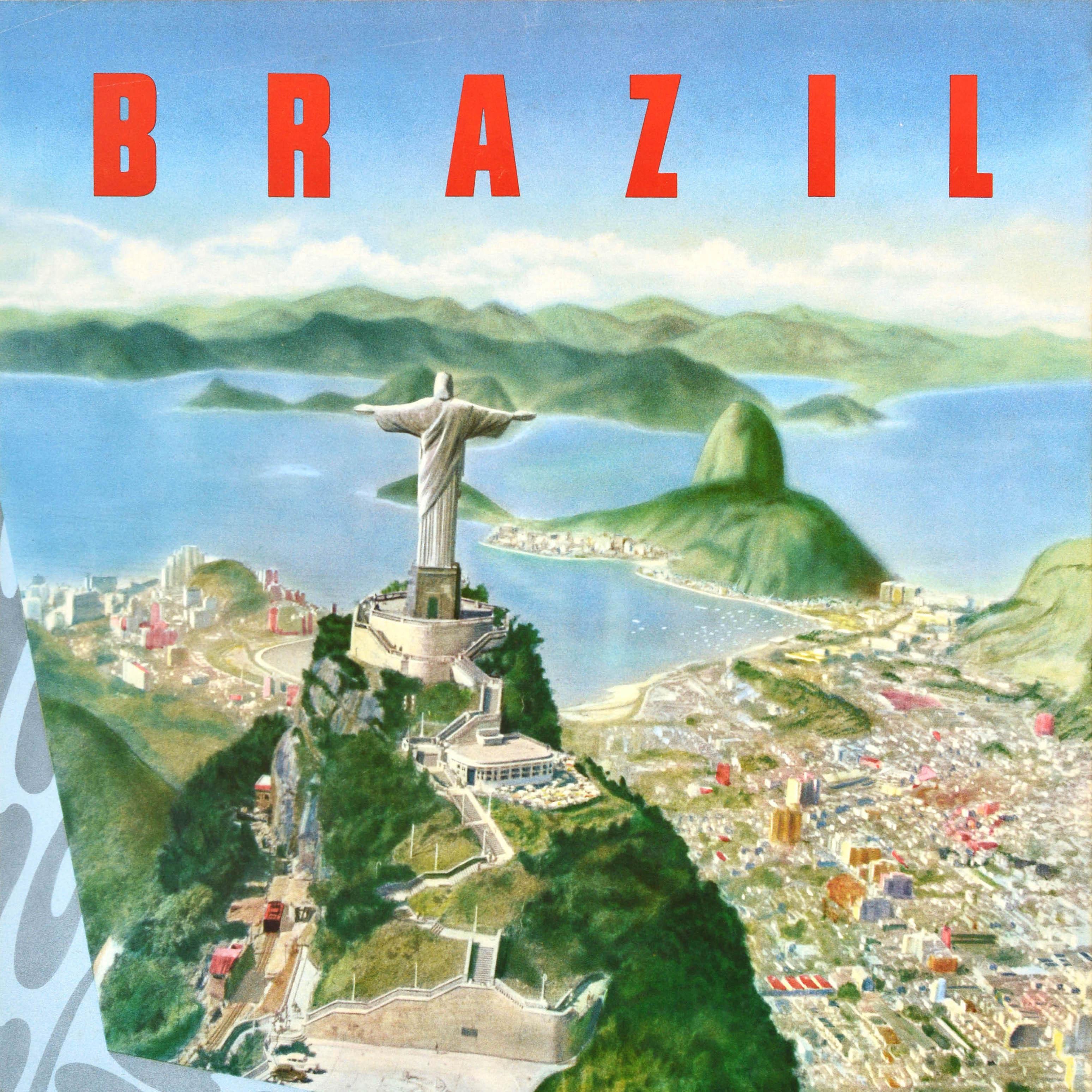 Original vintage travel poster for Rio de Janeiro in Brazil South America featuring the Christ the Redeemer statue on top of Mount Corcovado overlooking the city below with Sugarloaf Mountain and the sea leading to mist covered hills on the horizon,