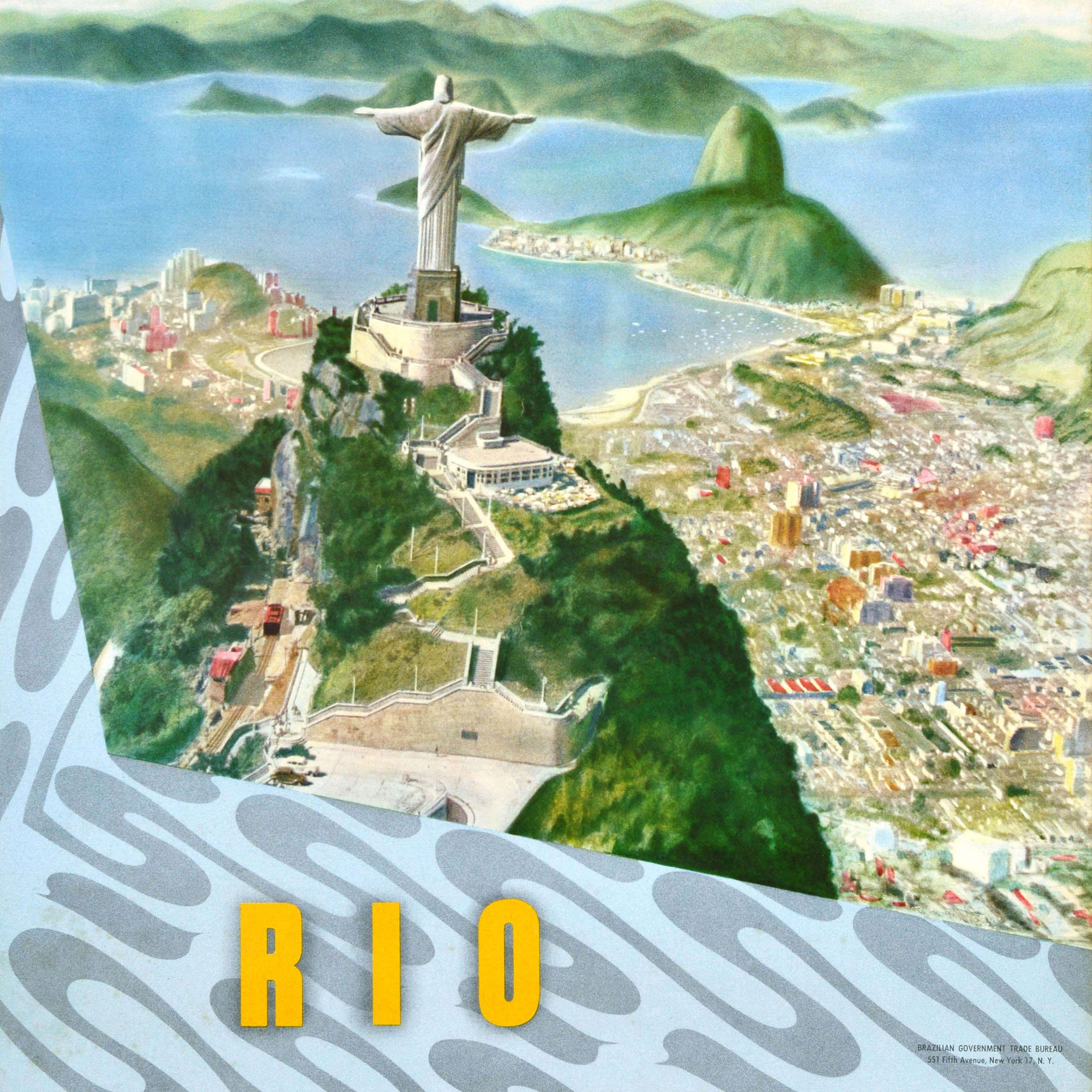 American Original Vintage Travel Poster Brazil Rio Christ The Redeemer Copacabana Beach For Sale